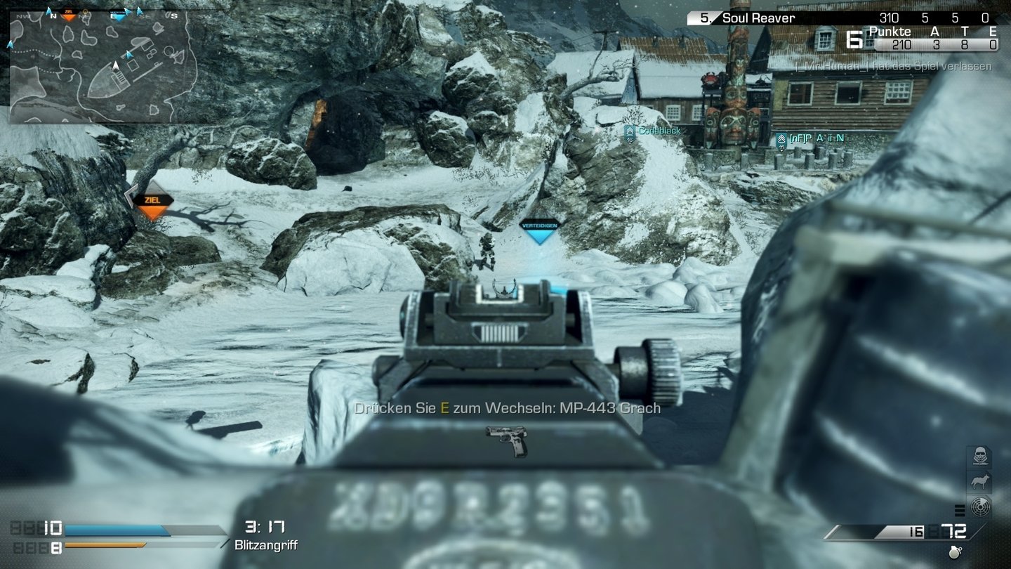 Call of Duty: Ghosts - Screenshots aus dem Multiplayer-ModusIm neuen Spielmodus Blitzangriff müssen wir unser eigenes »Tor« verteidigen und gleichzeitig versuchen, das andere zu erreichen, um einen Punkt fürs Team zu machen.