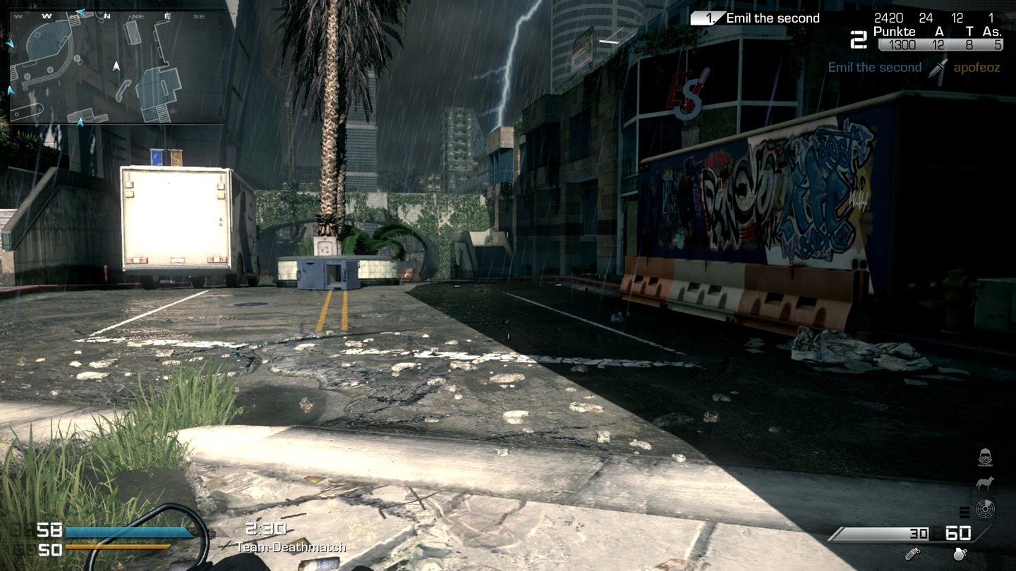 Call of Duty: Ghosts - Screenshots aus dem Multiplayer-ModusAuf Stormfront wütet, wie der Name schon vermuten lässt, ein Sturm. Naja, zumindest plätschert es und ab und an schlägt sogar der Blitz auf der Karte ein. Auswirkungen auf das Gameplay hat das aber nicht.