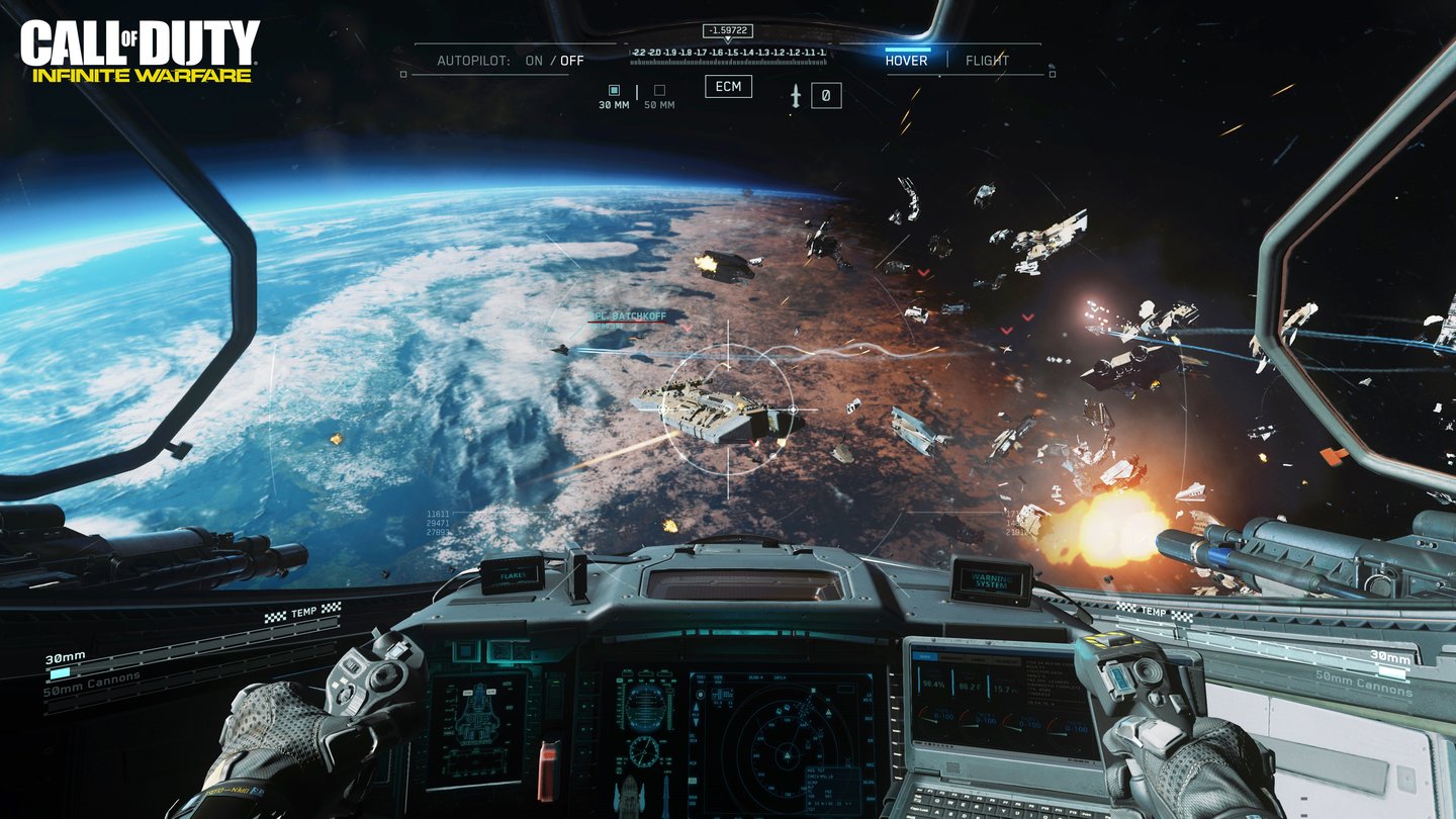 Call of Duty: Infinite WarfareDer Jackal Raumjäger ist das Fortbewegungsmittel in Missionen. Es gibt keine Railshooter-Sequenzen, der Spieler steuert selbst.