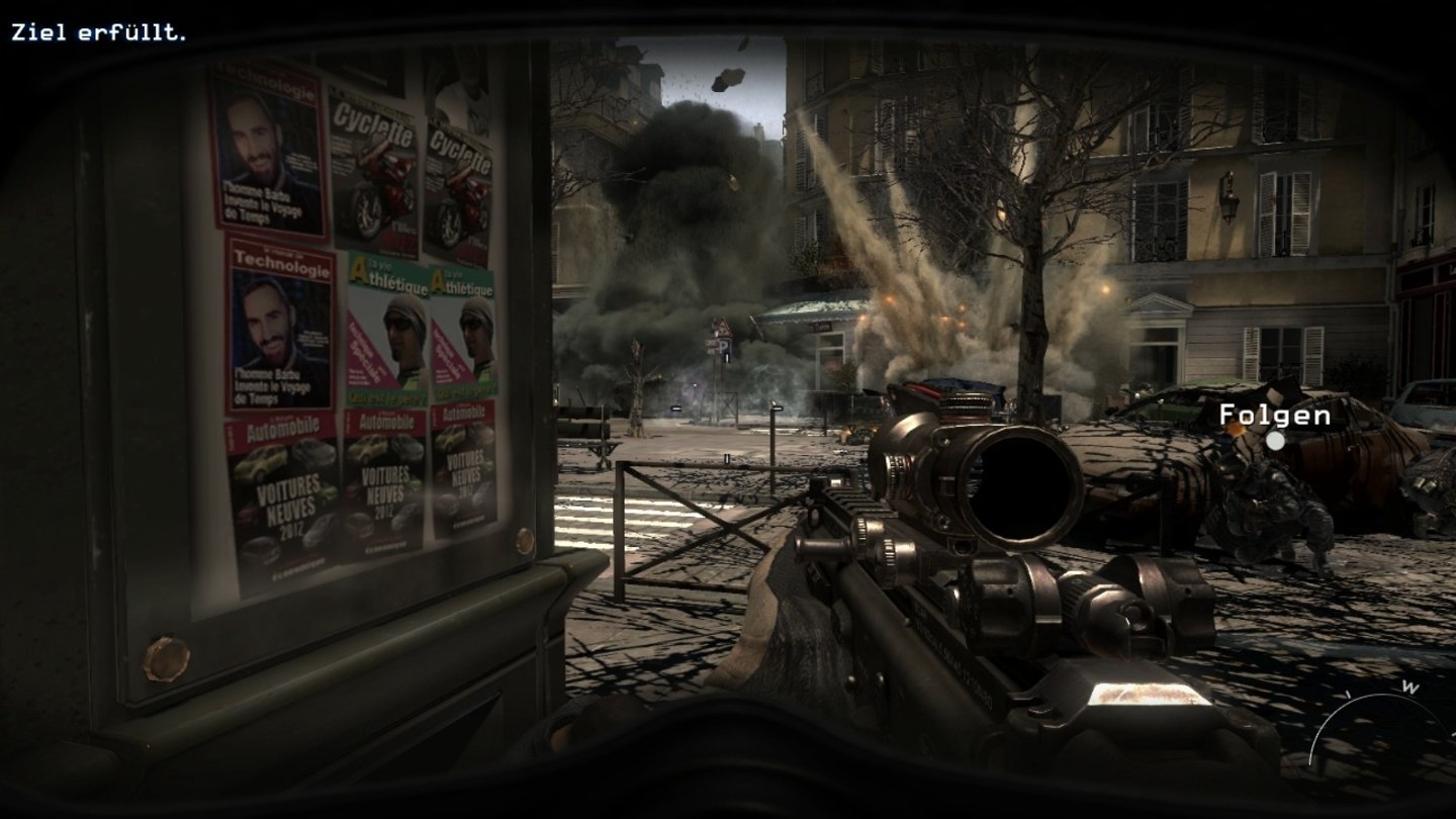 Call of Duty: Modern Warfare 3 - PC-Screenshots (Solo-Kampagne)Warum unsere Sicht hier eingeschränkt ist? Wir tragen eine Gasmaske, weil in Paris toxische Dämpfe wabern.