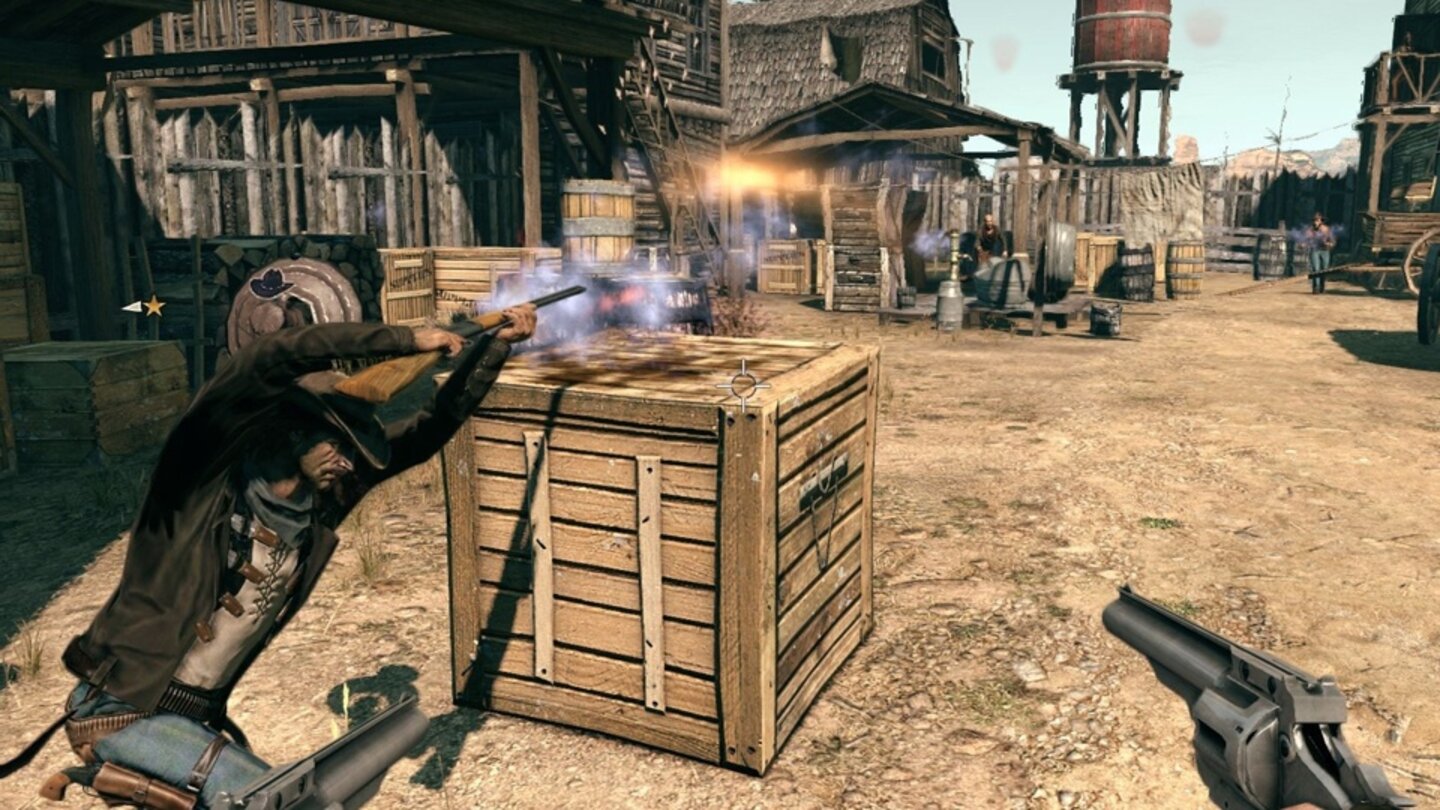 Call of Juarez: Bound in Blood (2009)Auch das zweiter Spiel der Ego-Shooter-Serie Call of Juarez (für PC, Xbox 360 und PS3) bietet ein First-Person-Deckungssystem, das allerdings etwas gewöhnungsbedürftig zu steuern ist. Man kann das Prequel-Abenteuer zum ersten Teil der Western-Reihe aber auch ganz ohne aktive Deckung durchspielen, auch wenn es dann deutlich kniffliger wird.