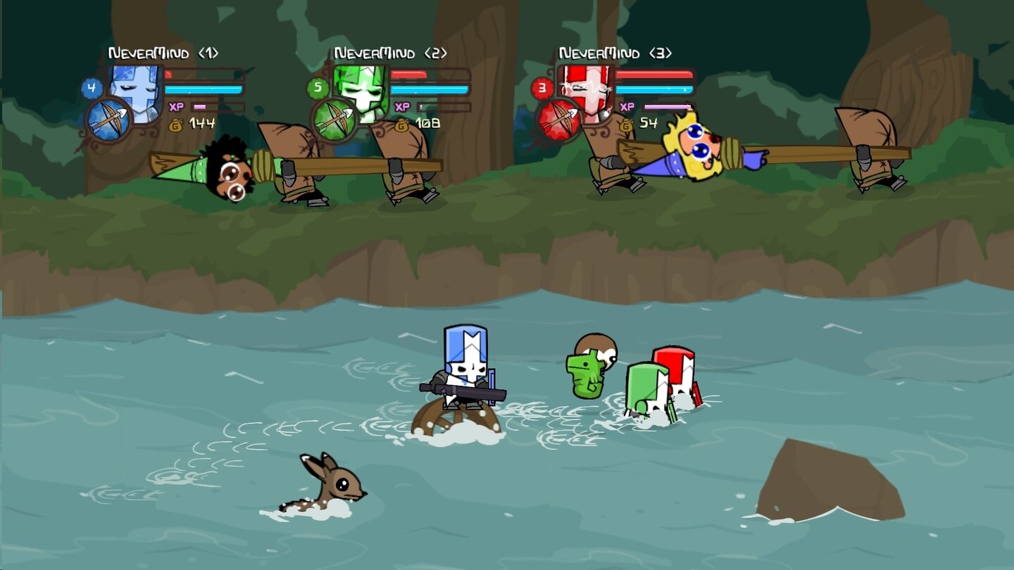 Castle CrashersUm die entführten Prinzessinnen einzuholen, durchschwimmen wir einen reißenden Fluss.
