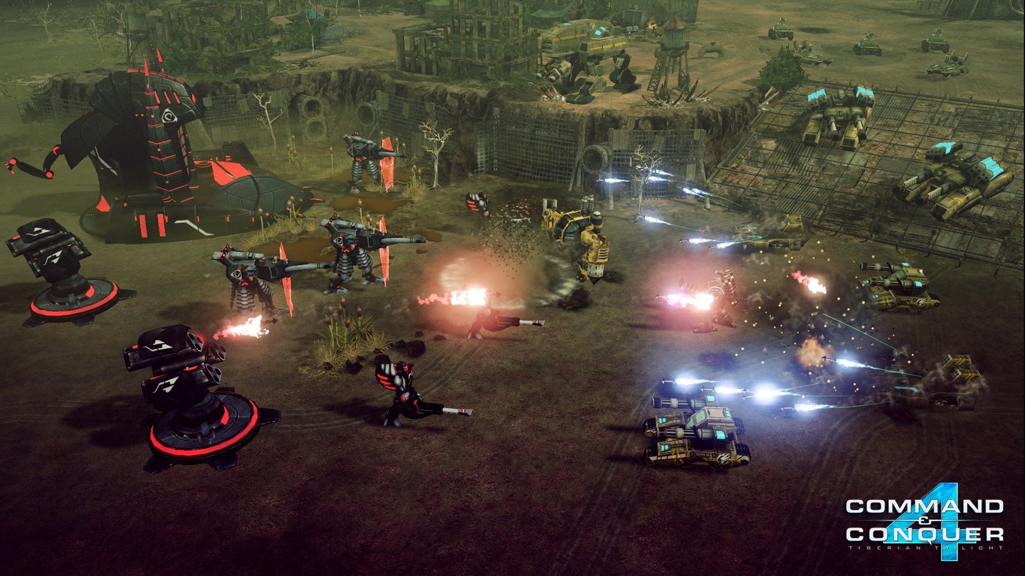 Command & Conquer 4: Tiberian TwilightEin offensiver GDI-Spieler attackiert einen defensiven Nod-Stützpunkt -- Mammut-Panzer inklusive.