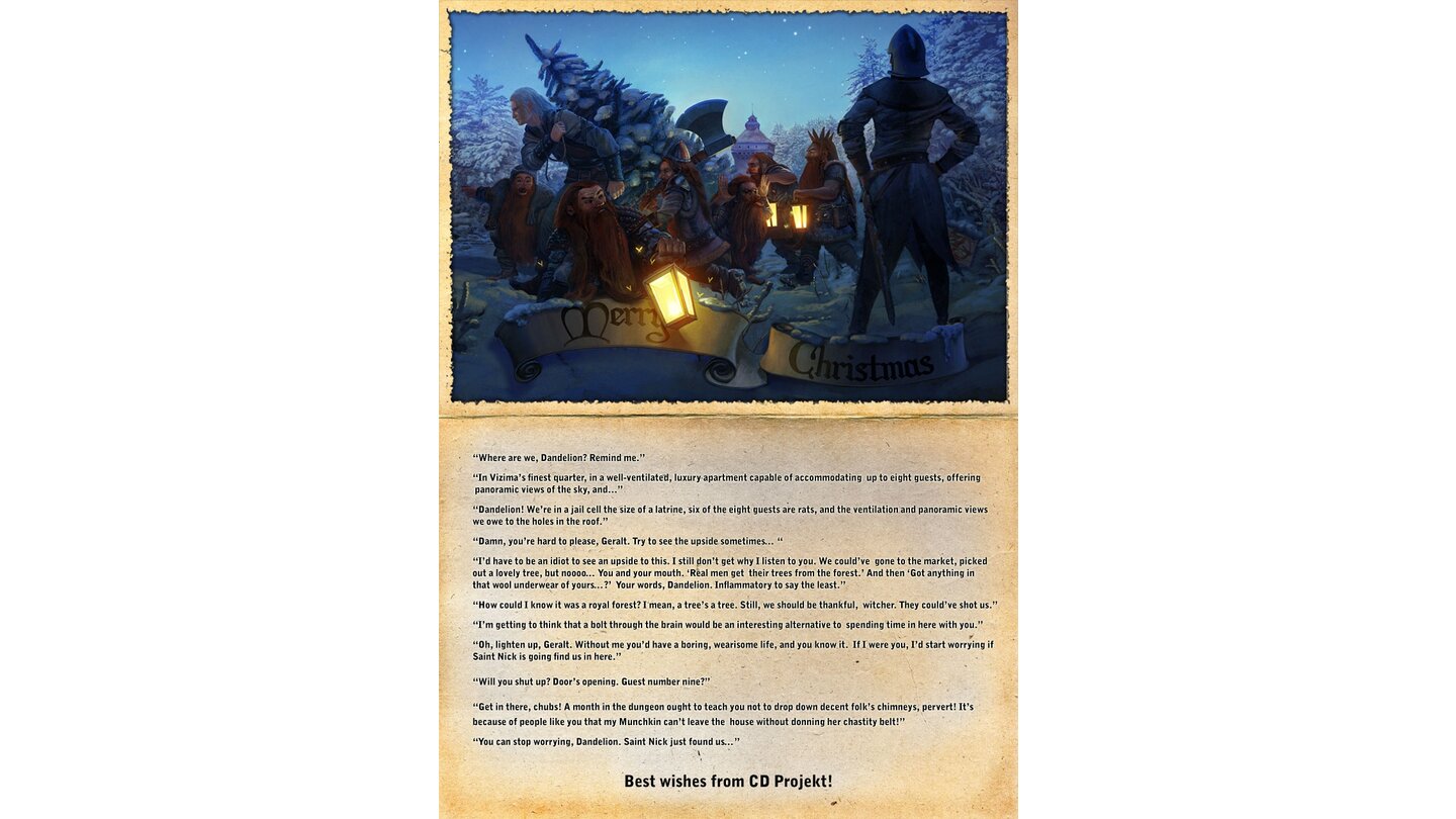 CD Projekt aus Polen grüßt schickte uns eine Kurzgeschichte mit bissigen Dialogen zwischen Witcher Geralt und seinem guten Freund Dandelion. Na dann: Wesolych Swiat!