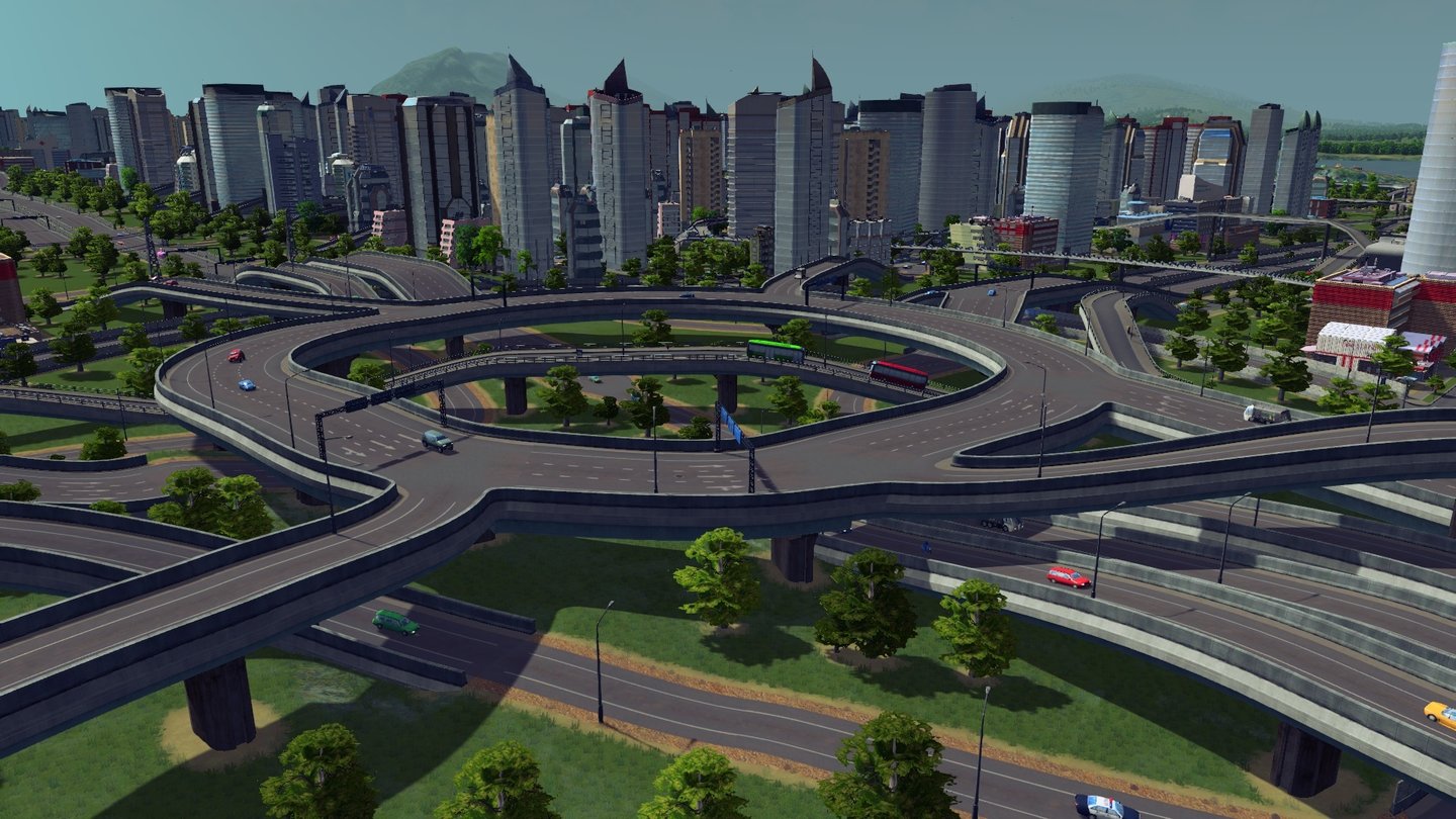 Cities: Skylines Version 1.1Verkehrssteuerung kreativ: doppelte Kreisverkehre für doppelt so viele Fahrzeuge.