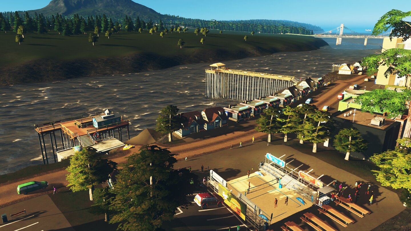 Cities: Skylines - After DarkAn unserem etwas rauen Strand kann man immerhin Beachvolleyball spielen und angeln.