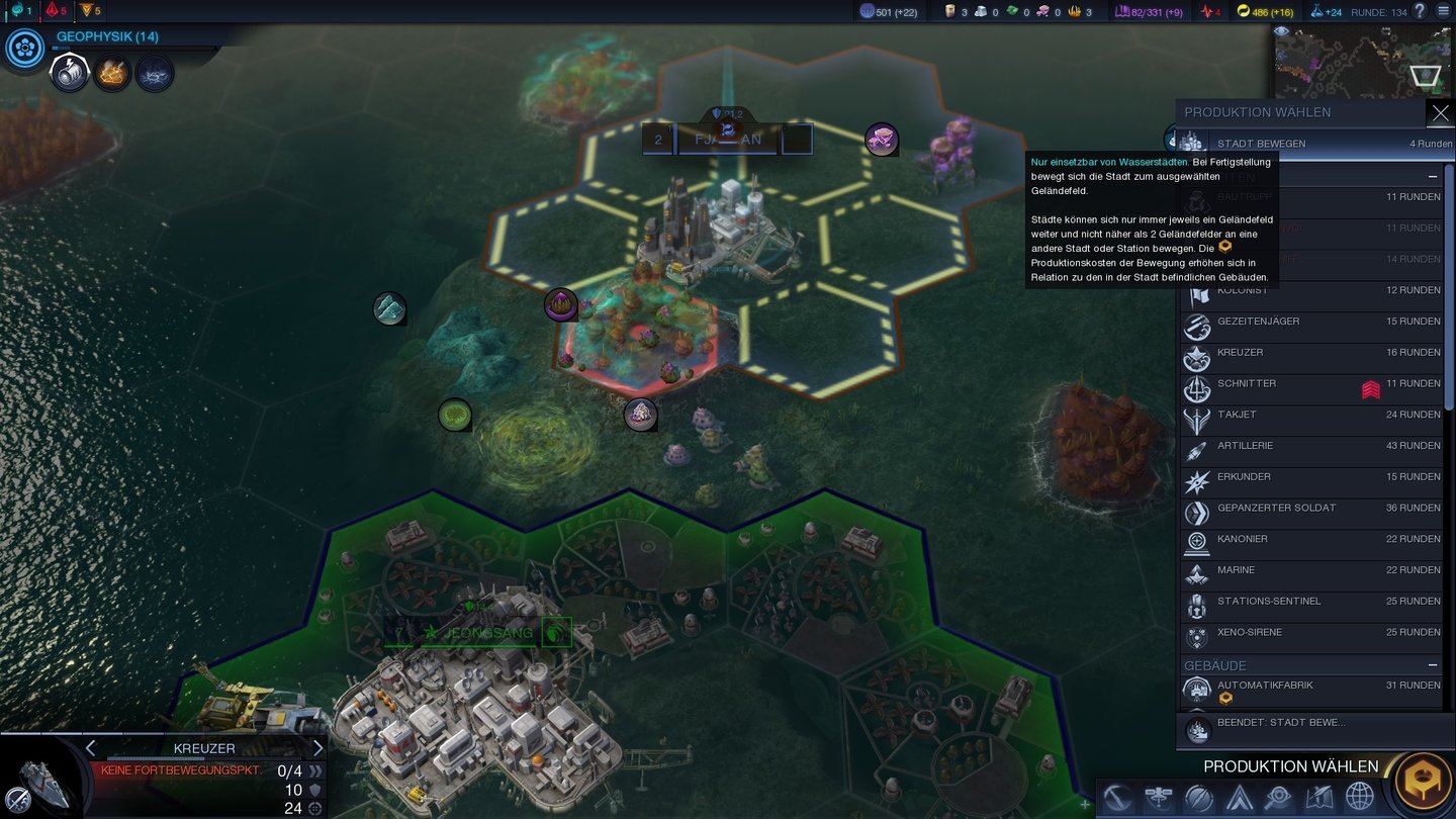 Civilization: Beyond Earth - Rising TideWir können die neuen Wasserstädte auf angrenzende Hexfelder schicken, um ihr Territorium zu vergrößern. Unten hat schon ein KI-Herrscher gesiedelt, daher dürfen wir nicht näher ran.