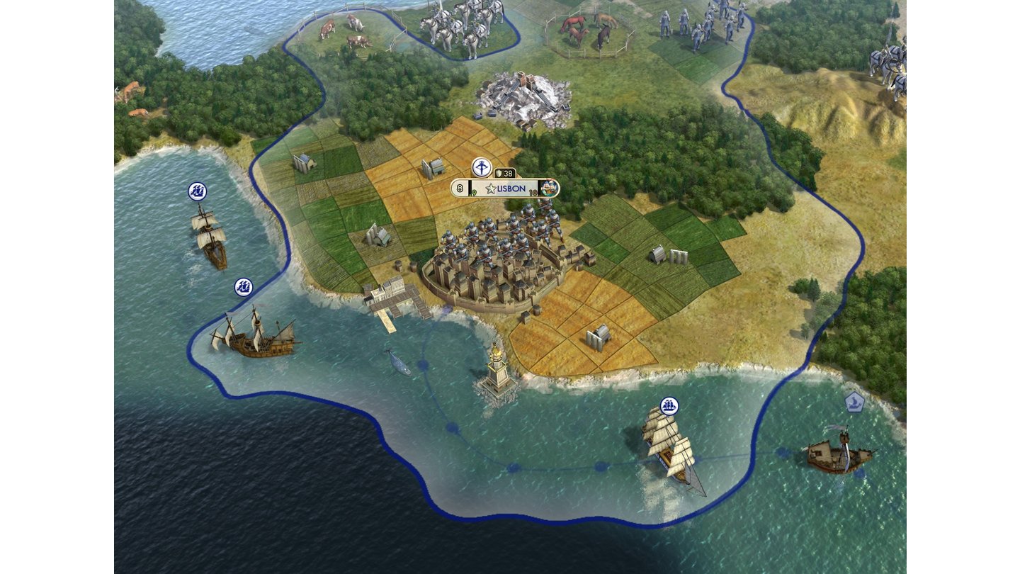 Civilization 5: Brave New WorldPortugal sichert seine Seehandelsrouten (blaue Linien im Meer) mit Fregatten.