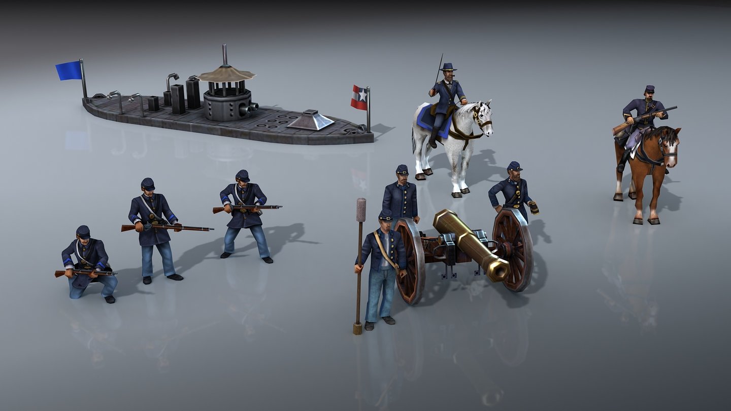 Civilization 5: Brave New WorldDie Unionstruppen des US-Bürgerkriegsszenarios. Im Hintergrund: Das Turmpanzerschiff USS Monitor.