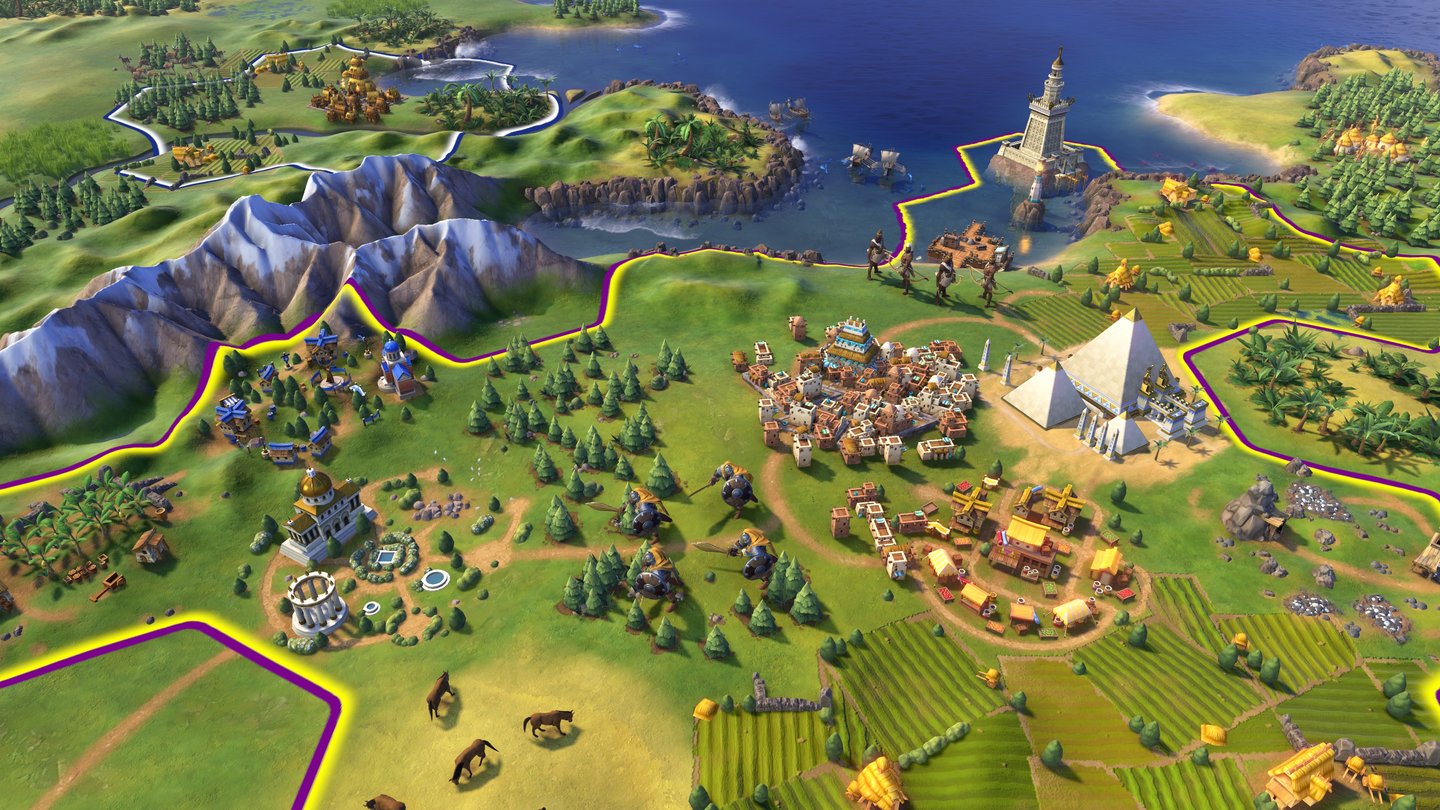 Civilization 6Hier eine größere antike Stadt. Gut zu erkennen: Pyramidenwunder und Handelsbezirk belegen jeweils ein eigenes Feld.