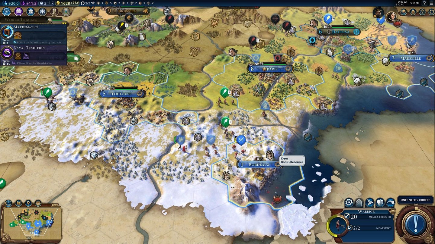 Civilization 6Unser französisches Imperium breitet sich langsam aus. Links nahen die Chinesen heran, oben buhlen wir um die Gunst mehrerer Stadtstaaten.