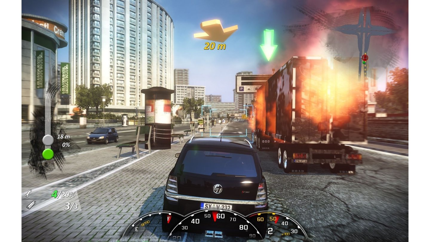 Alarm für Cobra 11 – Burning Wheels (2008)
Burning Wheels kommt 2008 für den PC und die Xbox 360 auf den Markt und lässt uns wieder die Rolle der Serienermittler übernehmen, inklusive Originalstimmen und sichtbarer Fahrer. Missionen und versteckte Minispiele starten wir direkt in der offenen Spielwelt, wodurch ein insgesamt realistischeres Spielgefühl entsteht.