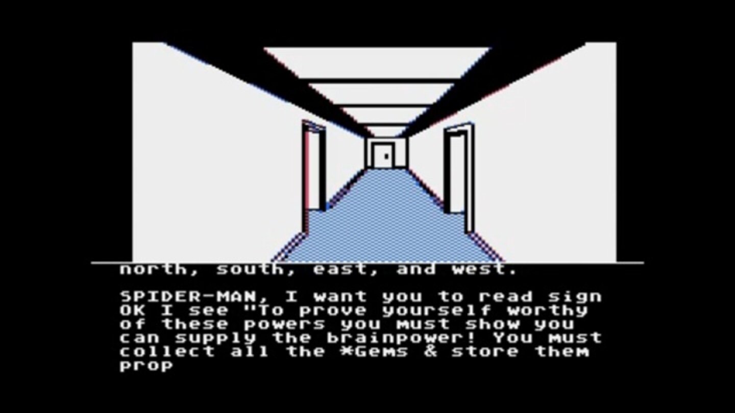 1978 - Questprobe #2: Spider-Man (u.a. C64)Im selben Jahr gab sich auch ein Held von Marvel die Ehre in einem Spiel. Im Rahmen der »Questprobe«-Serie erschien das Textadventure Spider-Man, in dem die menschliche Spinne eine Reihe von Edelsteinen auf Geheiß des mysteriösen »Chief Examiners« suchen muss. Alle Kommandos werden dabei mit der Tastatur eingegeben.