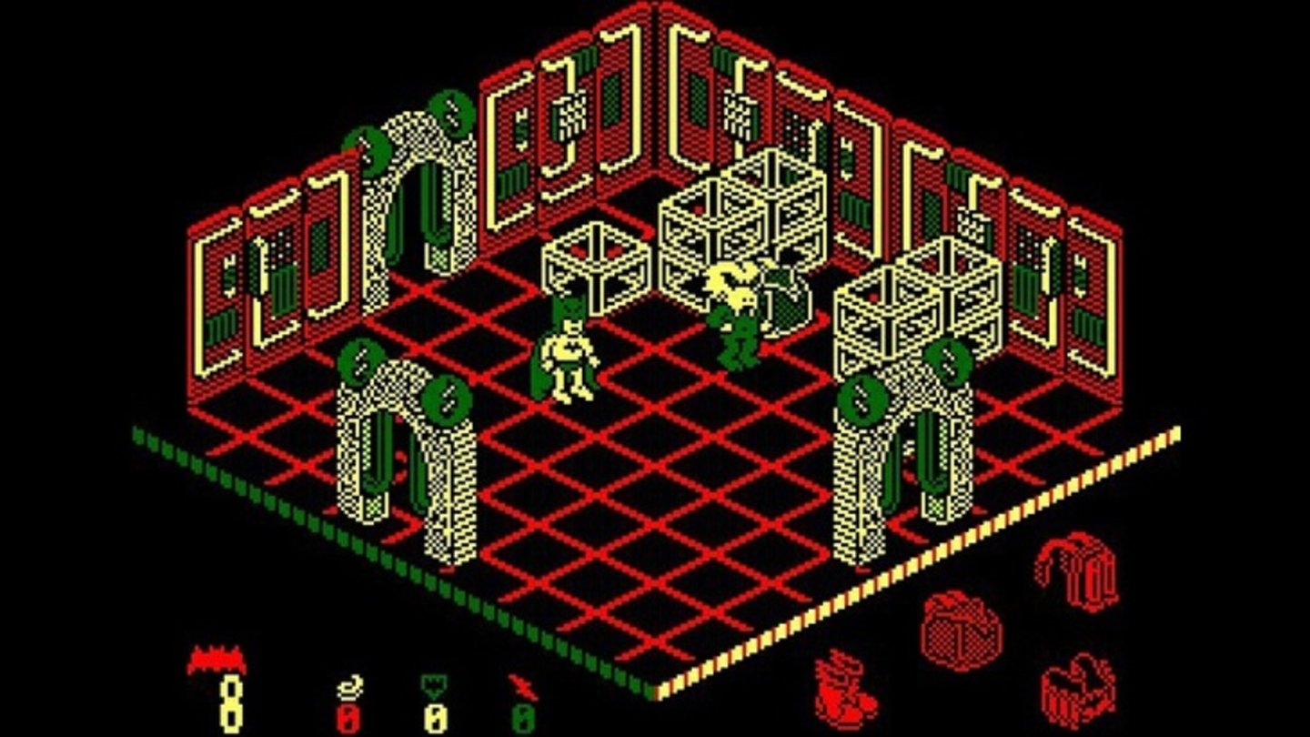 1986 - Batman (ZXSpectrum)Einige Jahre später feierte dann auch Batman sein Debüt in einem Videospiel. In dem gleichnamigen Action-Adventure muss der Dunkle Ritter seinen Sidekick Robin retten. Dabei sieht man das Geschehen aus einer isometrischen Perspektive. Das Spiel erschien auf den damaligen Heimcomputern ZX Spectrum, MSX, sowie dem CPC und dem PCW von Amstrad.