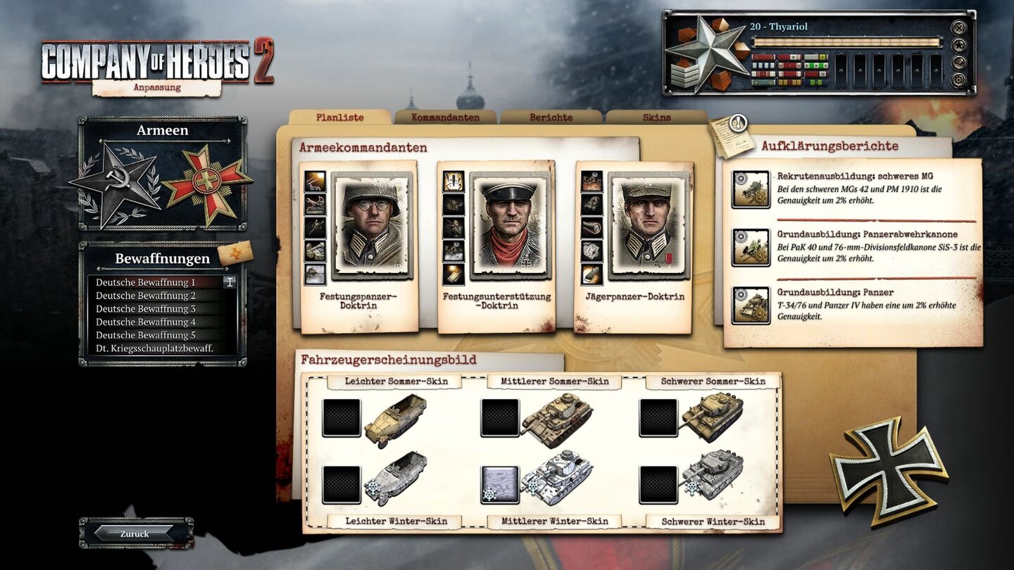 Company of Heroes 2 - MultiplayerVon freischaltbaren Boni über wählbare Commander und Tarnfarben – es lassen sich viele Dinge einstellen und anpassen.