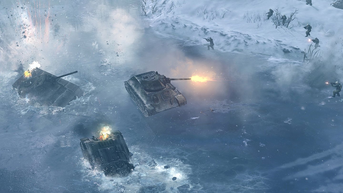 Company of Heroes 2Nach feindlichem Artilleriebeschuss brechen zwei unserer Kampfpanzer auf dem zugefrorenen See ein.