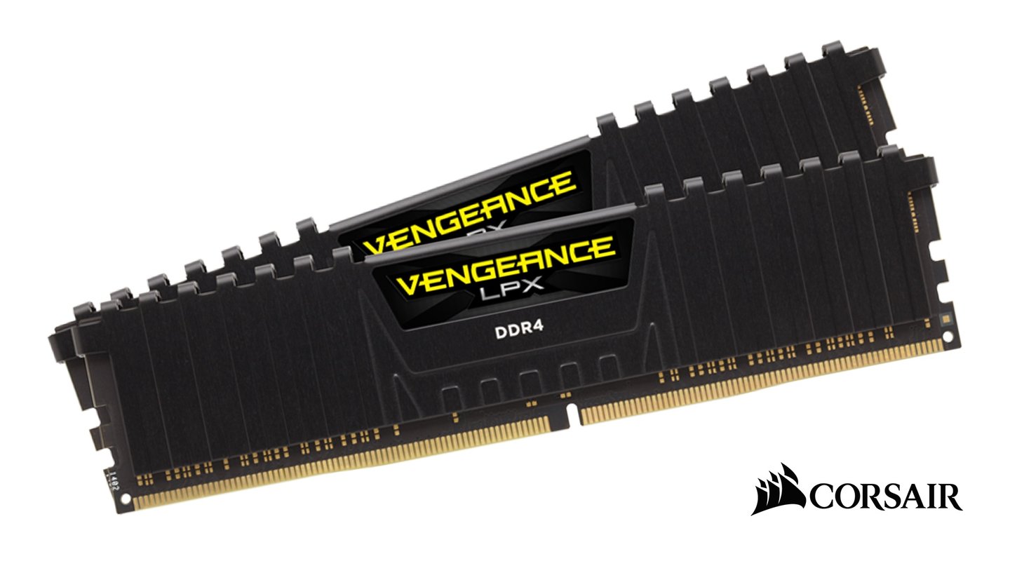 16 GB Corsair-Arbeitsspeicher Vengeance LPX mit DDR4-2400 als zwei 8 GB Module. Durch die zwei weiteren, freien Steckplätze können Sie locker auf 32 GB oder noch mehr aufrüsten.