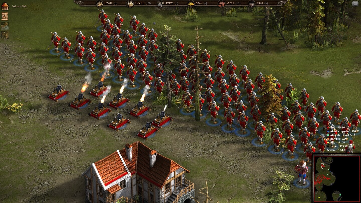 Cossacks 3Die Einheiten sind hübsch gemacht und recht detailliert. Unsere Bombarden beschießen geschützt von Fußtruppen einen feindlichen Turm.