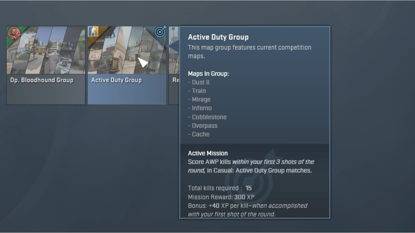 Counter-Strike: Global OffensiveDie sogenannte aktive Gruppe enthält sie Karten, die fürs Matchmaking freigegeben sind.