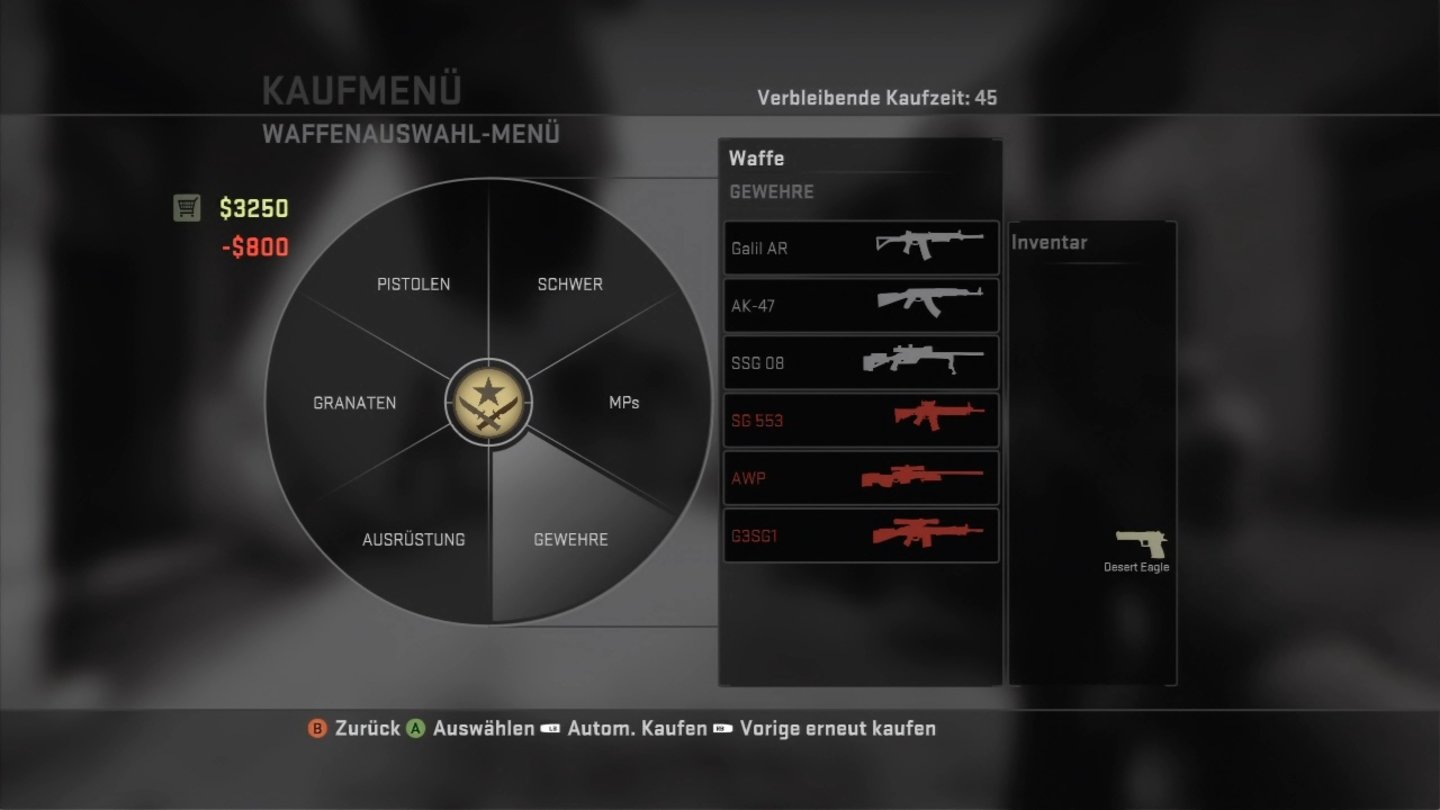 Counter-Strike: Global Offensive (Xbox 360)Das Kaufmenü ist sehr übersichtlich ausgefallen.
