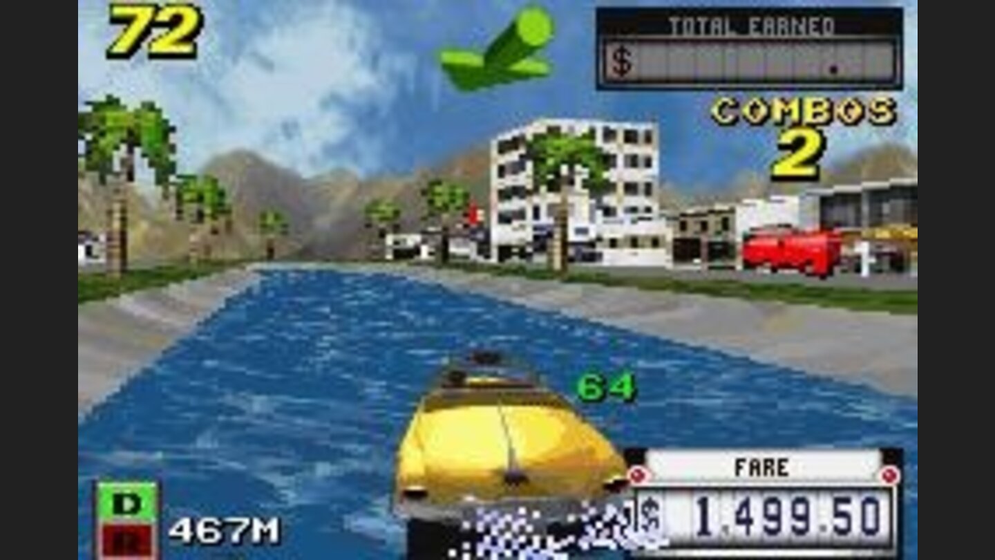 As well as grass, the water will not reduce the cab speed: pass over it without fear!