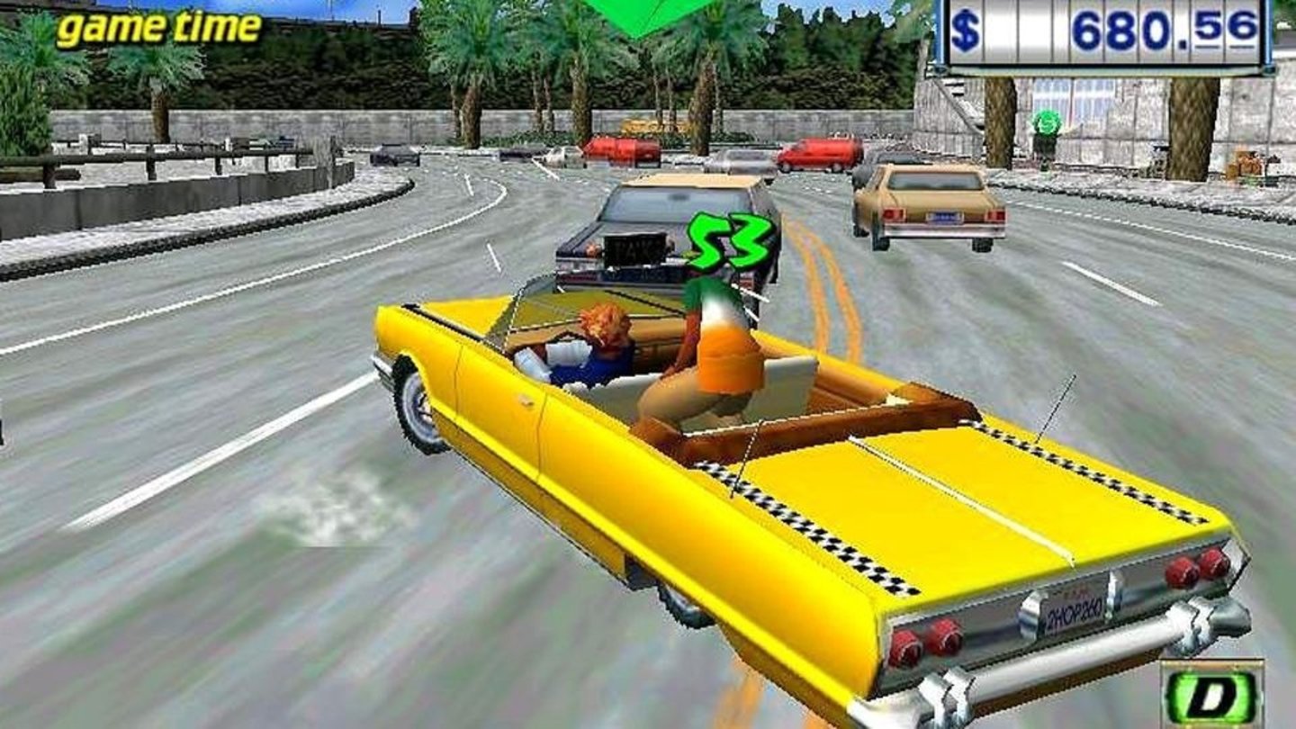 Crazy Taxi –Reihe (2000-2010)
Das Crazy Taxi erscheint ab 2000 für die Playstation 2, Dreamcast, den GameCube, und den PC. Während wir unter Zeitdruck Kunden von A nach B bringen, versuchen wir, durch waghalsige Manöver das Trinkgeld in die Höhe zu treiben. Im Spielmodus »Crazy Box« absolvieren wir Minispiele (Bowling, Sprungeinlagen). 2010 wird das Spiel für die Playstation 3 und Xbox 360 neu aufgelegt. Die beiden Nachfolger Crazy Taxi 2 von 2001 und Crazy Taxi 3 von 2002 verändern das Spielprinzip nicht wesentlich.