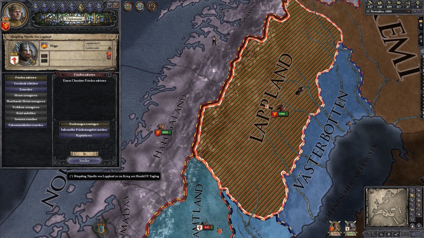 Crusader Kings 2Wir haben Lappland unterworfen und zwingen dem Häuptling die Kapitulation auf. Ihm bleibt nichts anderes übrig, als anzunehmen. Bei Kriegen gegen Großmächte ist der Friedenschluss allerdings deutlich komplizierter.
