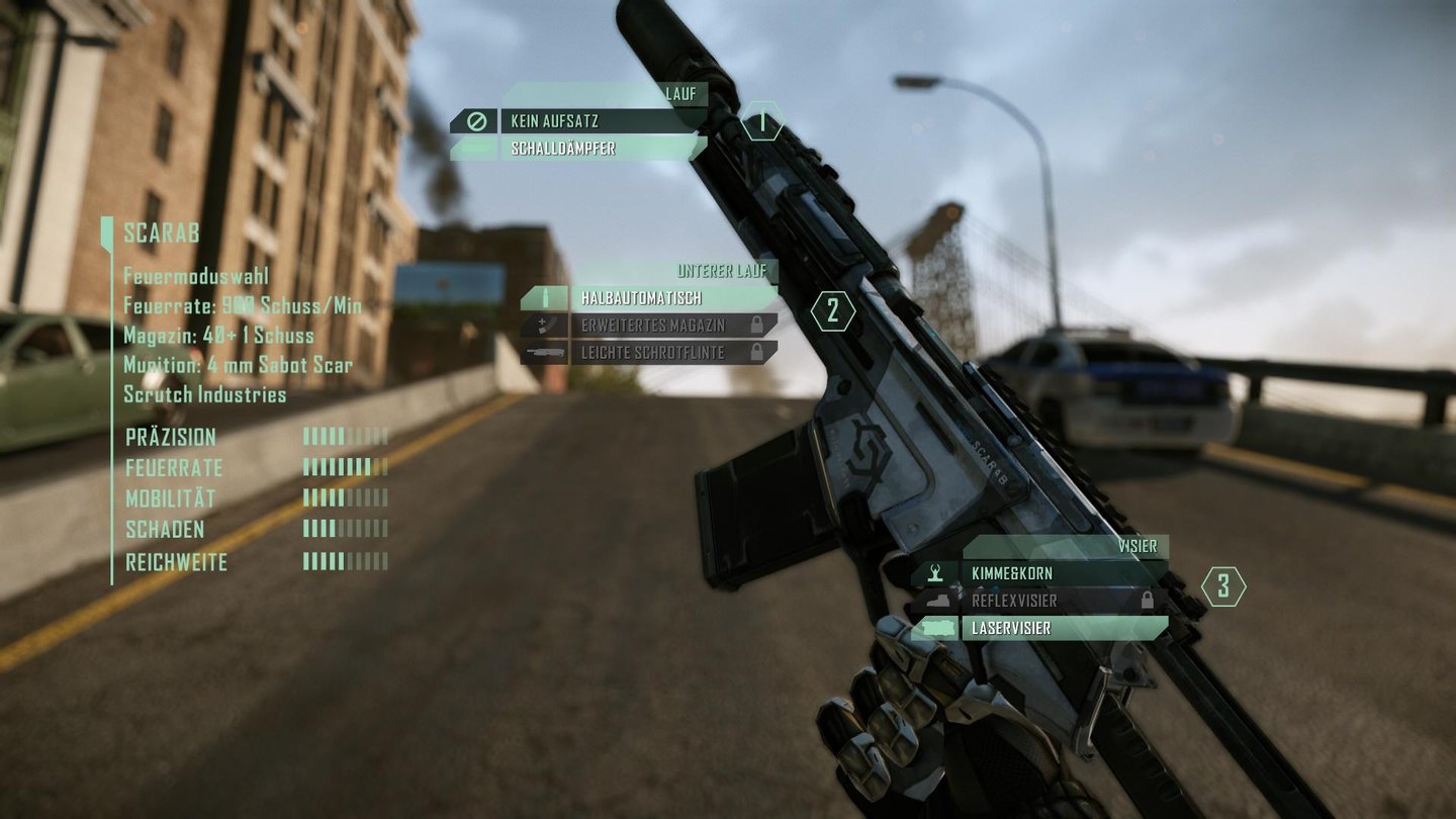 Crysis 2Wir können unsere Waffen in Echtzeit umrüsten, etwa Schalldämpfer und Granatwerfer aufstecken und die Visiereinrichtung ändern.