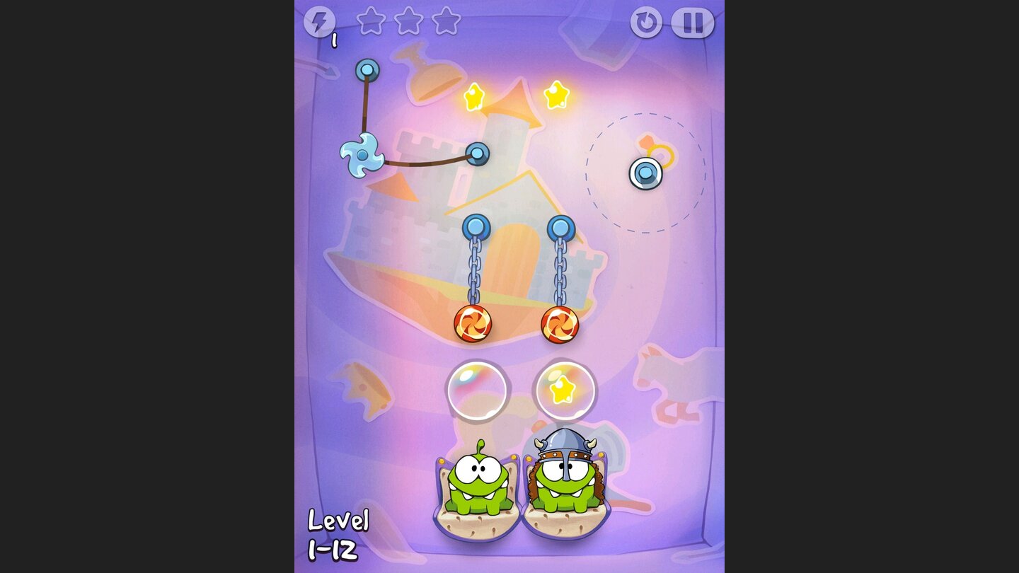 Cut the Rope: Time TravelBonbonschredder: Wer beim Kettensprengen nicht aufpasst, zerlegt schnell Om Noms Süßigkeiten.