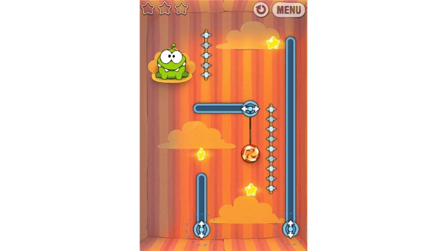 Cut the Rope Das Entwicklerteam Chillingo bringt immer wieder kleine, witzige Titel auf den Markt, die sich vor allem durch leichte Zugänglichkeit und hohen Spielspaß auszeichnen. Im Jahr 2010 sorgte das grüne Ungetüm Om Nom in dem Spiel Cut the Rope weltweit für Furore: Das seltsame Monster ist euch auf geheimnisvolle Weise in einer Box zugestellt worden und muss fortan mit Lollies gefüttert werden. Die Lutscher hängen an Seilen, die ihr mit eurem Finger durchtrennen könnt – die sehr gute Physik-Engine des Programms sorgt dann dafür, das der Lollie durch die Luft schwingt und im besten Fall im Maul von Om Nom landet. Genau das ist auch die im Grunde sehr simple Aufgabe in Cut the Rope. Erschwert wird die Nascherei aber durch Sterne, die ihr in den jeweiligen Levels einsammeln sollt. Da ihr mit eurem Finger nur Einfluss auf die Richtung des schwingenden Lollies nehmen könnt, wird dieser auch gleich mal für die Sternsammelei rekrutiert. Das Ergebnis ist eine herrlich abgedrehte Knobelei, deren charmantes Design ein Lächeln auf unsere Gesichter gezaubert hat – zumindest so lange, bis eine besonders fiese Aufgabenstellung nach echten Monsterfütterern verlangt. GamePro-Wertung: 90%