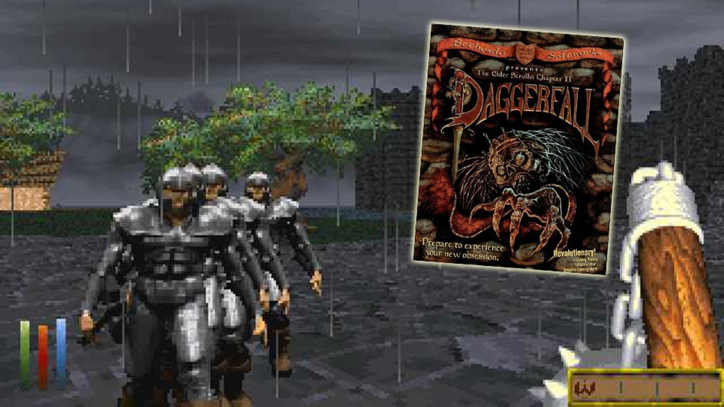The Elder Scrolls II: DaggerfallDie zweite Episode der Elder-Scrolls-Reihe gilt bis heute als eines der, vielleicht sogar als das größte Solo-Rollenspiel überhaupt. Die Welt von Daggerfall ist beispielsweise rund zweimal so groß wie Großbritannien und Heimat für mehr als 750.000 Nicht-Spieler-Charaktere (NPC). Der Spieler kann rund 15.000 Städte, Dörfer und Dungeons erkunden. Anders als bei den Nachfolgern Morrowind und Oblivion ist die 3D-Welt (die Gegner werden als 2D-Sprites dargestellt, wie in Doom) von Daggerfall allerdings fast komplett zufallgeneriert. Zudem war das Spiel zur Veröffentlichung 1996 sehr fehlerbehaftet, was ihm den Spitznamen Buggerfall einbrachte.