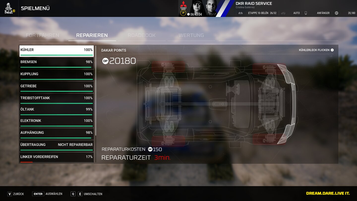 Dakar 18Ihr könnt euer Fahrzeug nicht nur im Lager, sondern auch unterwegs reparieren. Dafür werden Zeitstrafen und Dakar Points fällig.
