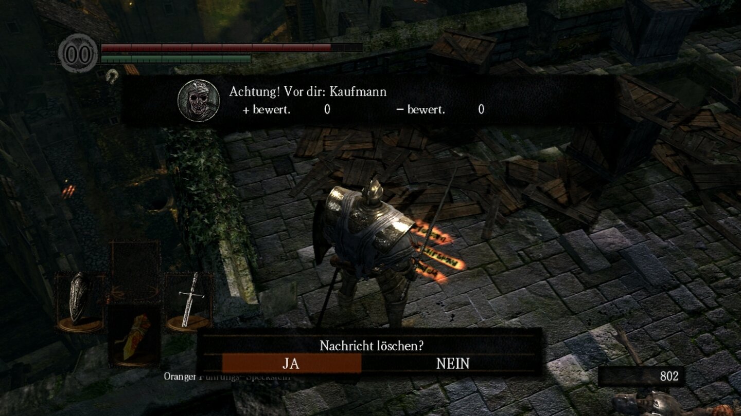 Dark SoulsMit dem Führungs-Speckstein können wir anderen Spielern Nachrichten hinterlassen.