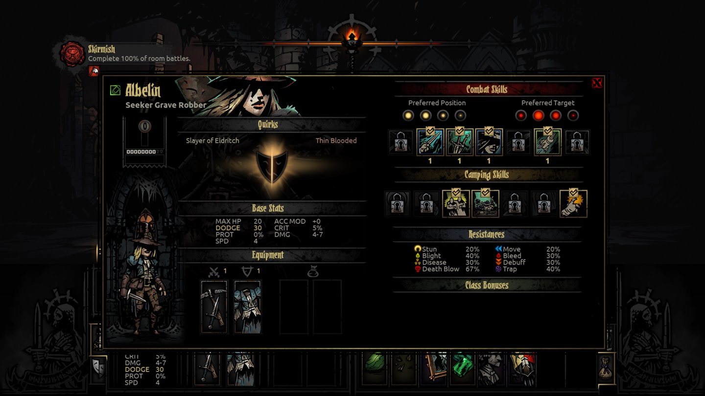 Darkest Dungeon - Early-Access-ScreenshotsDer Charakterbildschirm zeigt neben der Ausrüstung der Grabräuberin auch ihre Ängste und Vorlieben.
