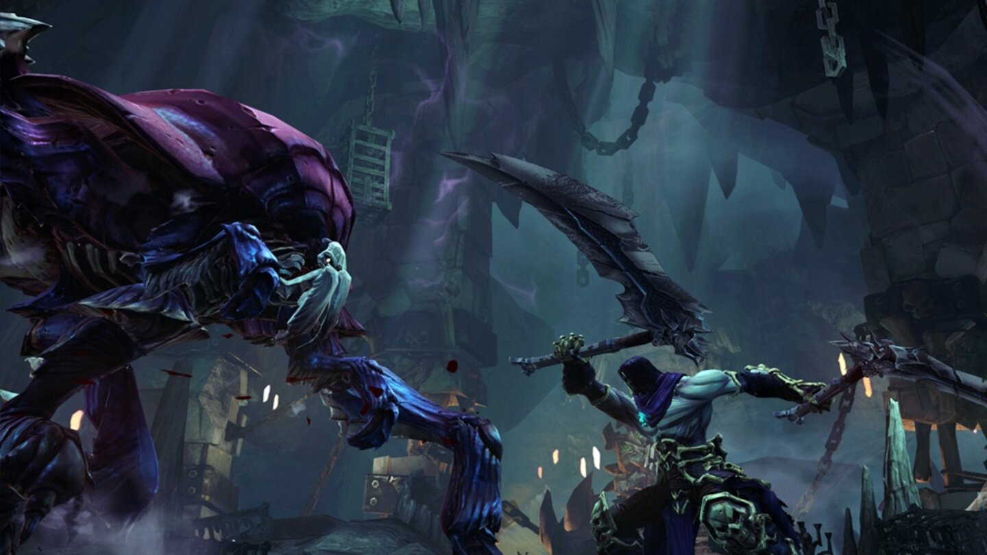 Darksiders 2In seiner wahren Form kombiniert Tod die beiden handlichen Sicheln zu einer gigantischen Sense.