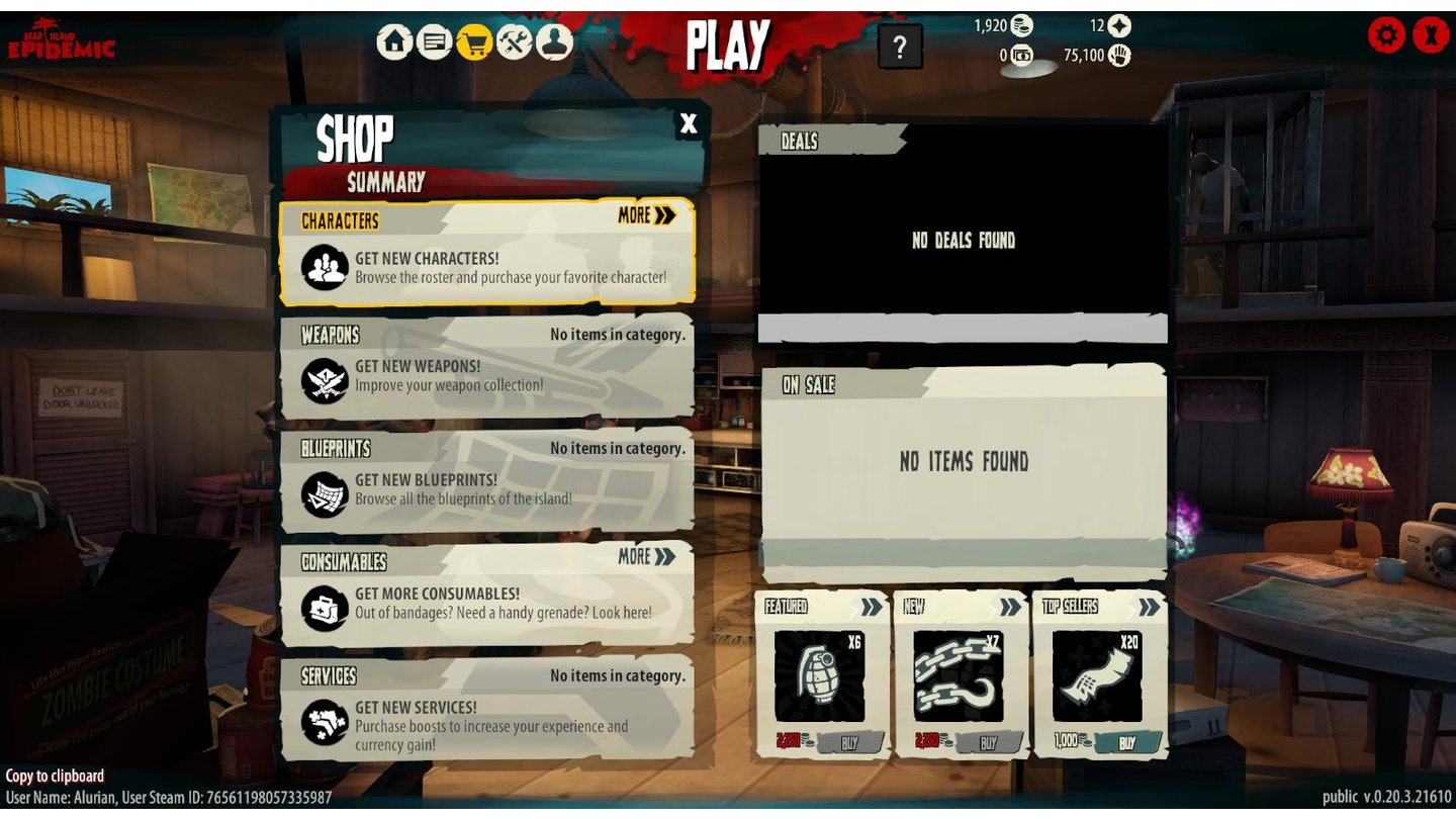 Dead Island: Epidemic - Closed-Beta-ScreenshotsÜber den In-Game-Shop können neben zusätzichen Charakteren und Blueprints auch Consumables (Bandagen, Granaten und andere Verbrauchsgegenstände), Waffen und Boosts gekauft werden. Ein Teil der Kategorien war in der Beta-Phase aber noch nicht befüllt.