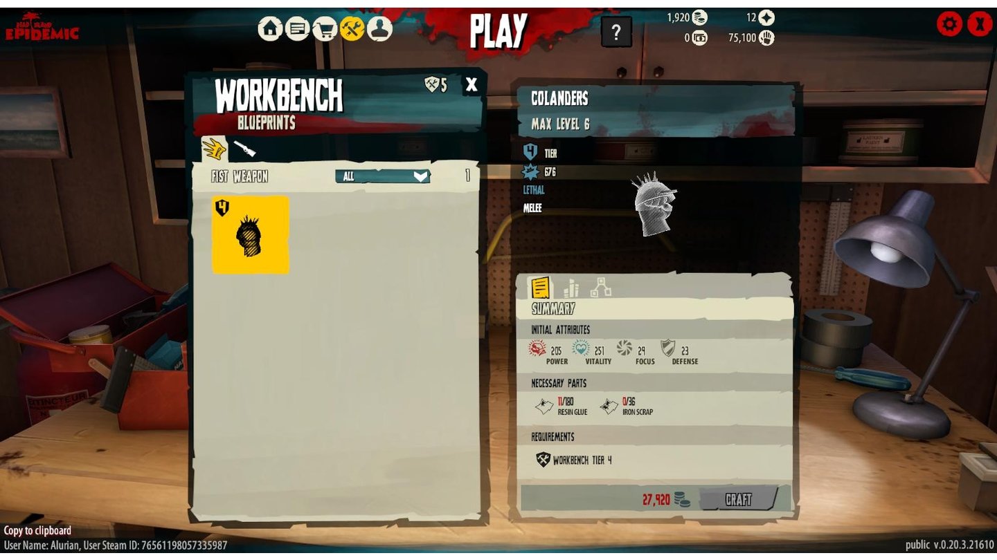 Dead Island: Epidemic - Closed-Beta-ScreenshotsAn der Werkbank, die ebenfalls über den sogenannten Crib erreichbar ist, können Blueprints mit den entsprechenden Rohstoffen in Gegenstände umgewandelt werden. Die Blueprints lassen sich über den In-Game-Shop kaufen und sind manchmal auch in den Belohnungen anch einem Match enthalten.