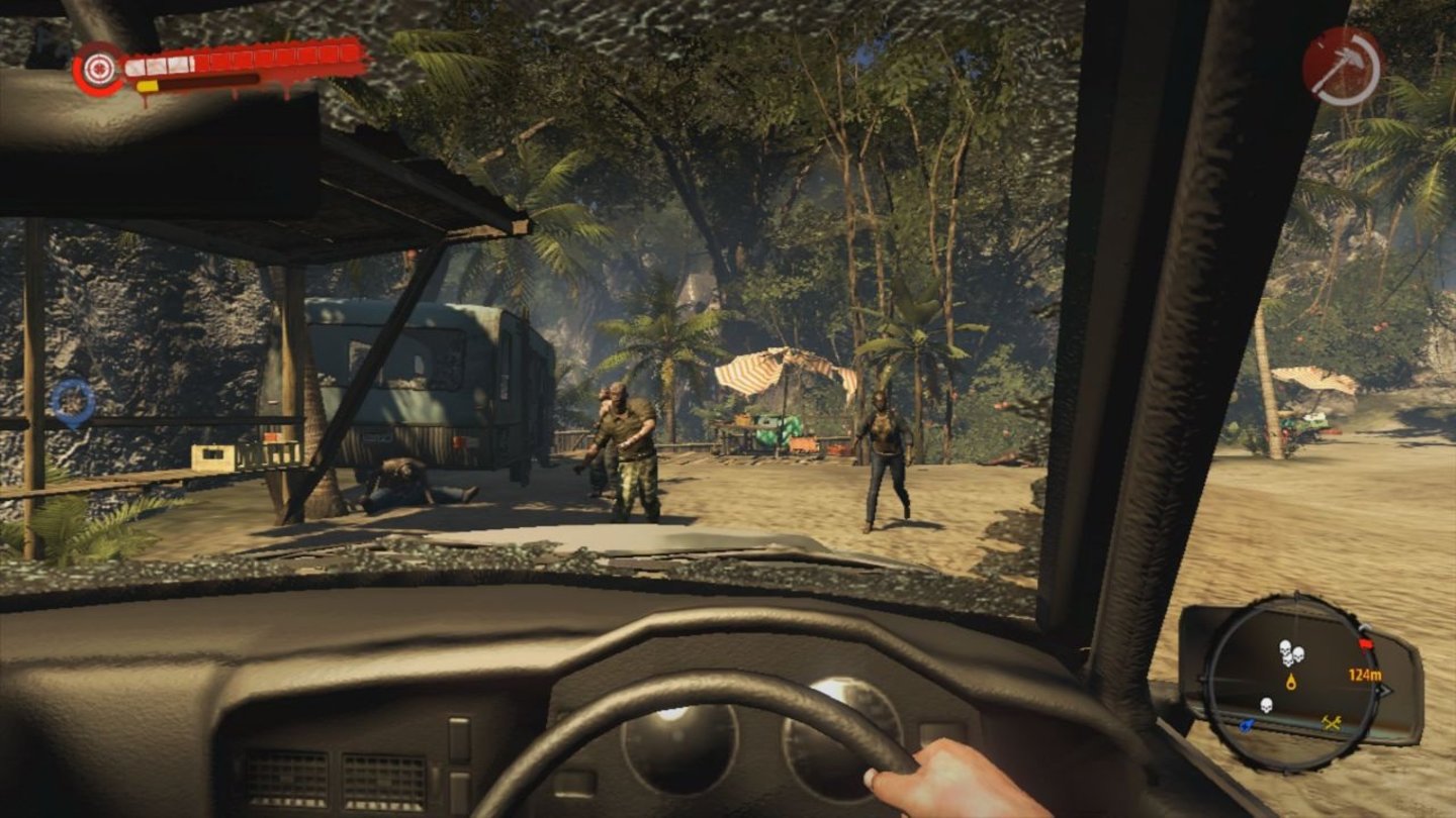 Dead Island: RiptideAm Steuer eines Jeeps lassen sich ganze Gegnerhorden bequem platt fahren.