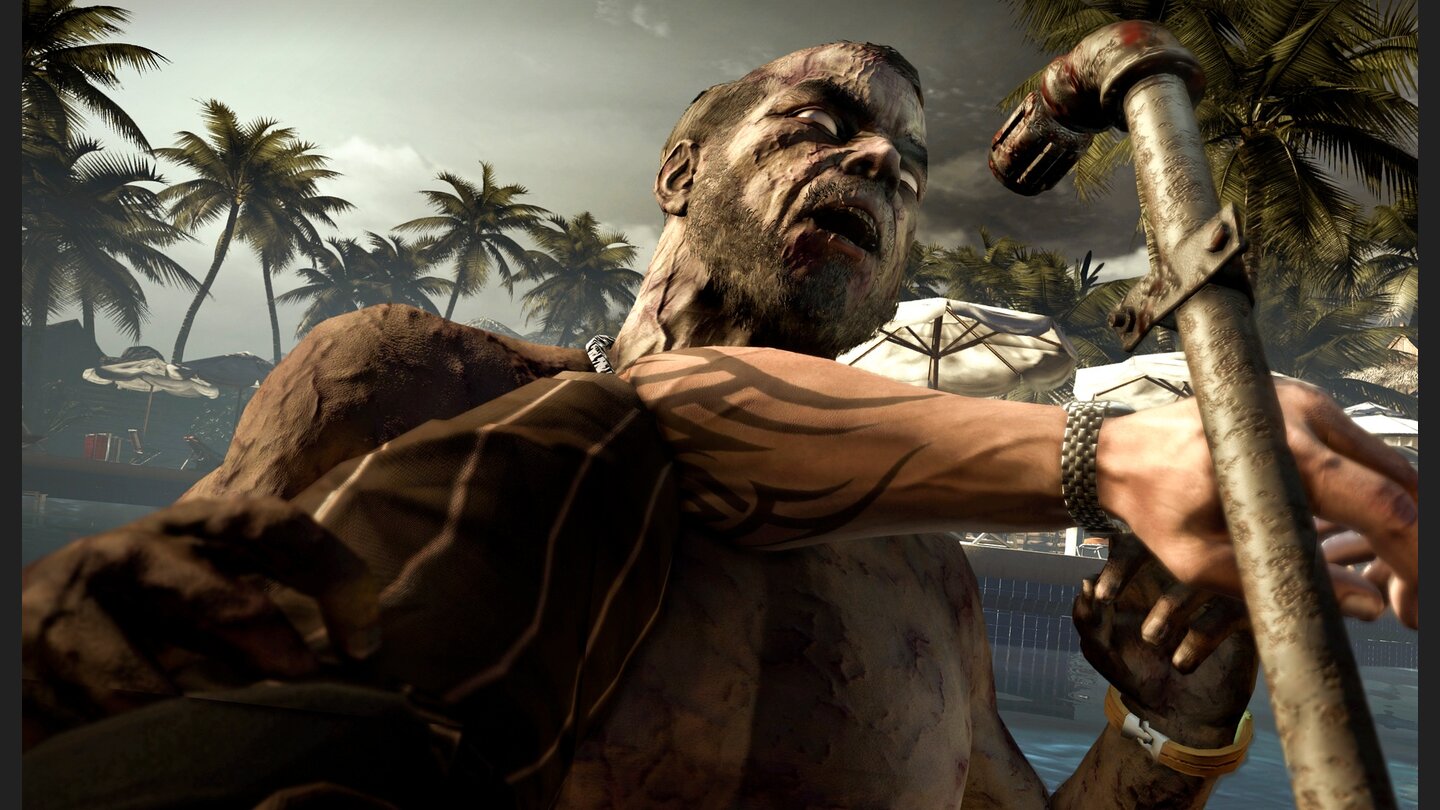 Dead IslandWaffen gehen mit der Zeit kaputt. Bevor das Rohr komplett verbogen ist, können wir es an einer Werkbank für Geld reparieren.