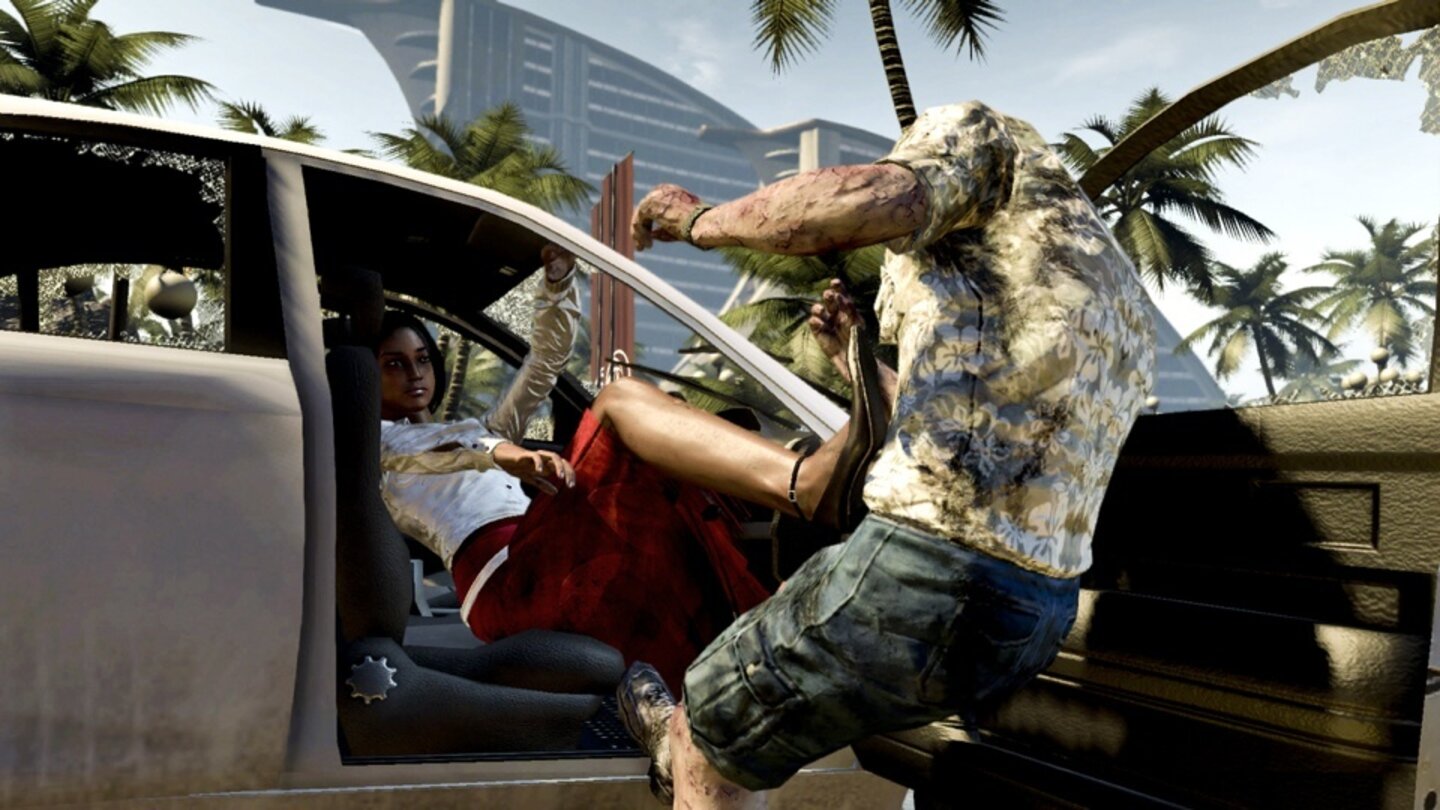 Dead IslandIn Autos suchen Überlebende Schutz vor den Zombies. Im Verlauf der Kampagne dürfen wir aber auch ab und zu über die Insel fahren.