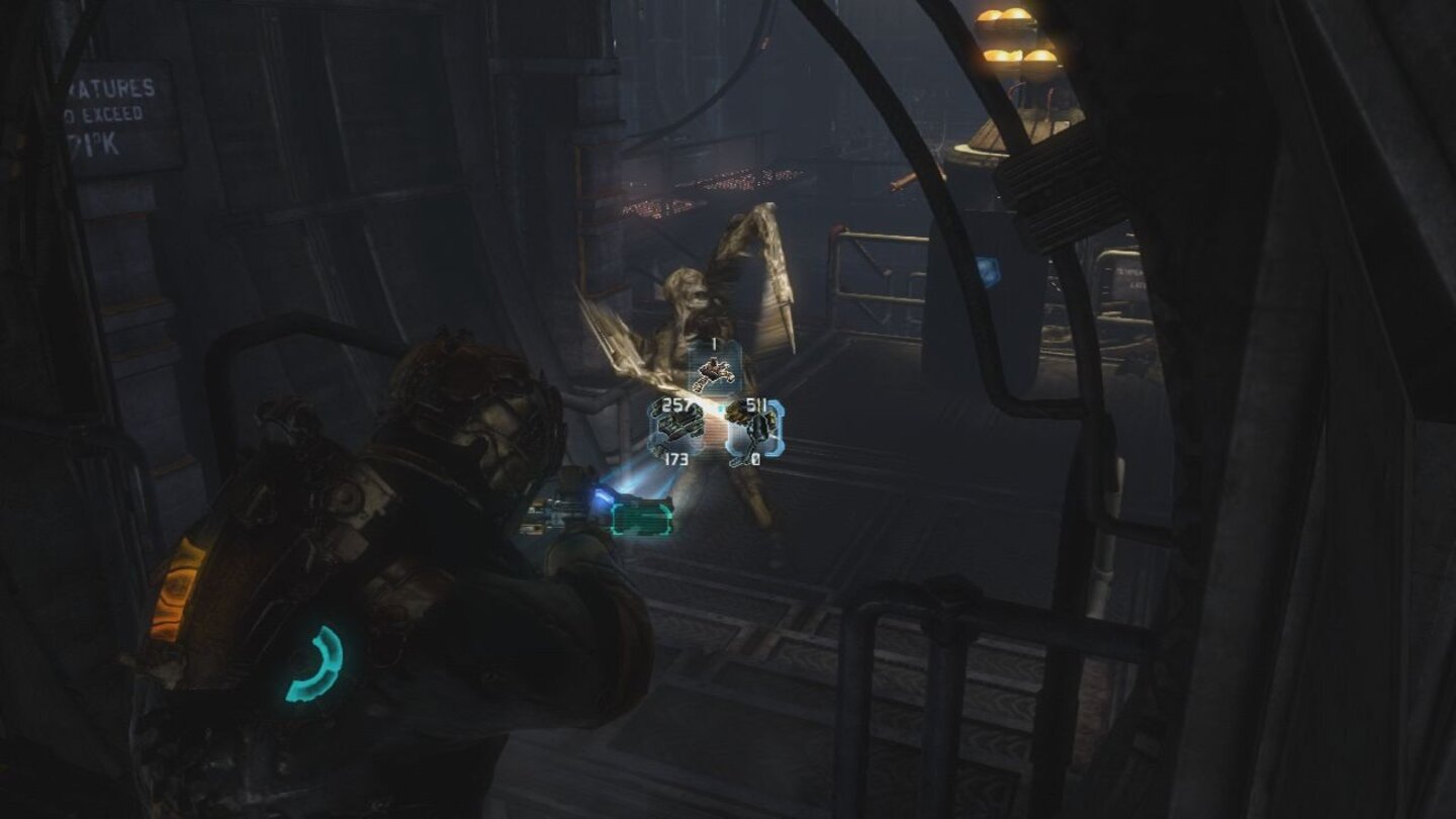 Dead Space 3Isaac kann nur noch zwei Waffen mit sich herumtragen. Das Ding über den Waffensymbolen ist die Sammeldrohne.