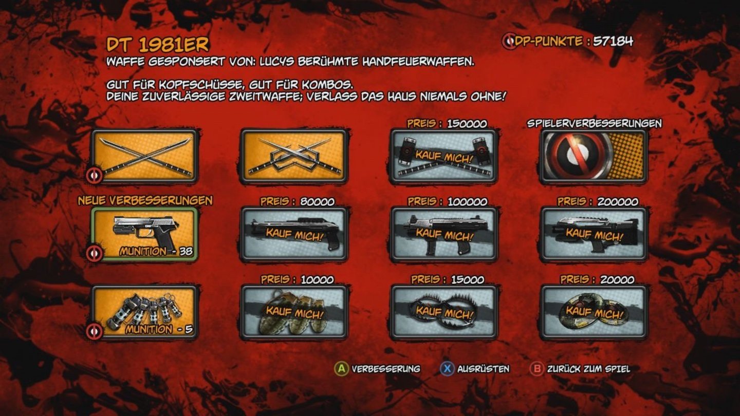 Deadpool (Xbox 360)In diesem Menü können wir Deadpool mit neuen Knarren oder Upgrades für sein Arsenal ausstatten.
