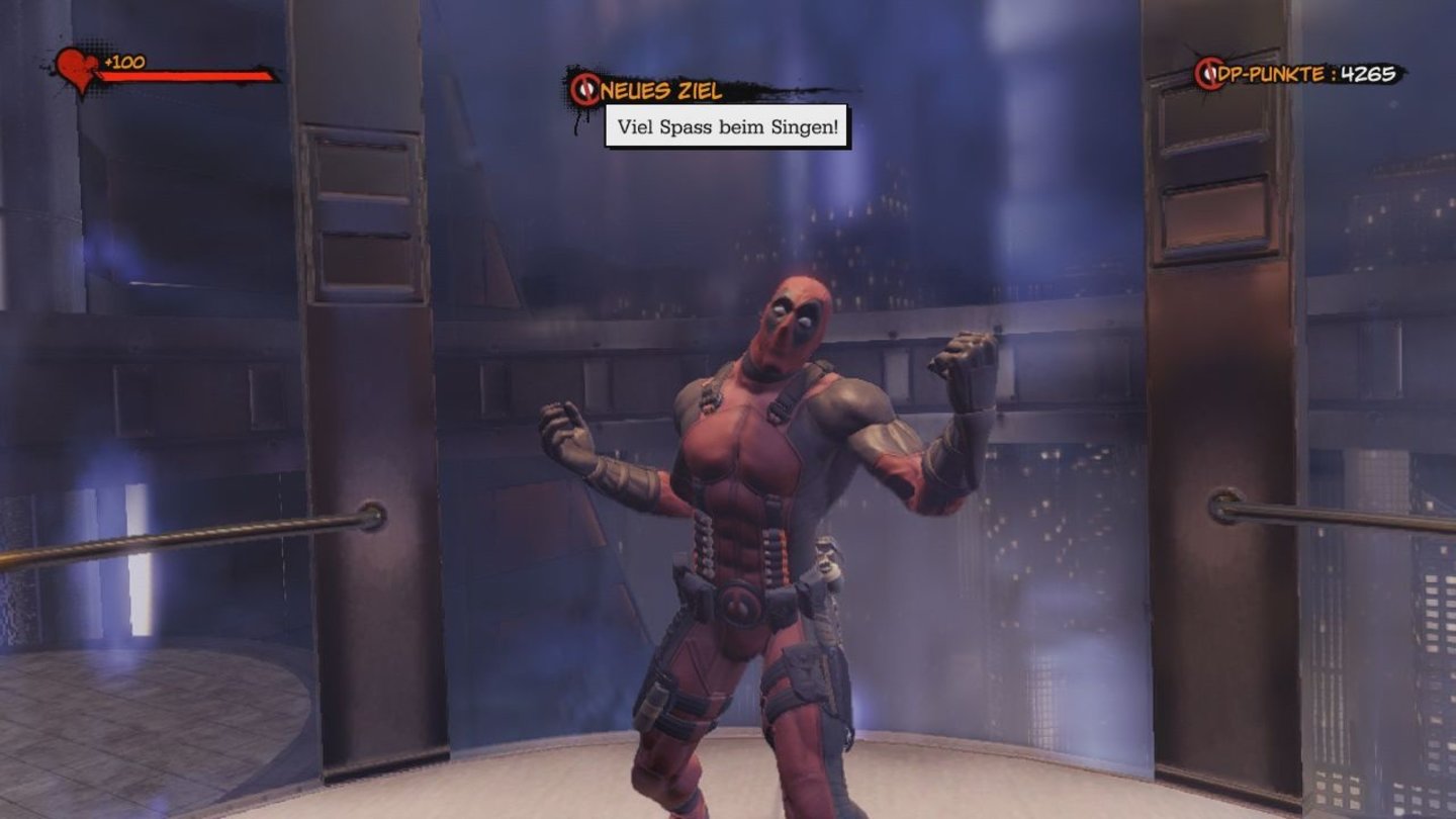Deadpool (Xbox 360)Kuriose Zwischensequenzen gibt es im Spiel zuhauf. Hier singt Deadpool lauthals zu dudeliger Fahrstuhlmusik.