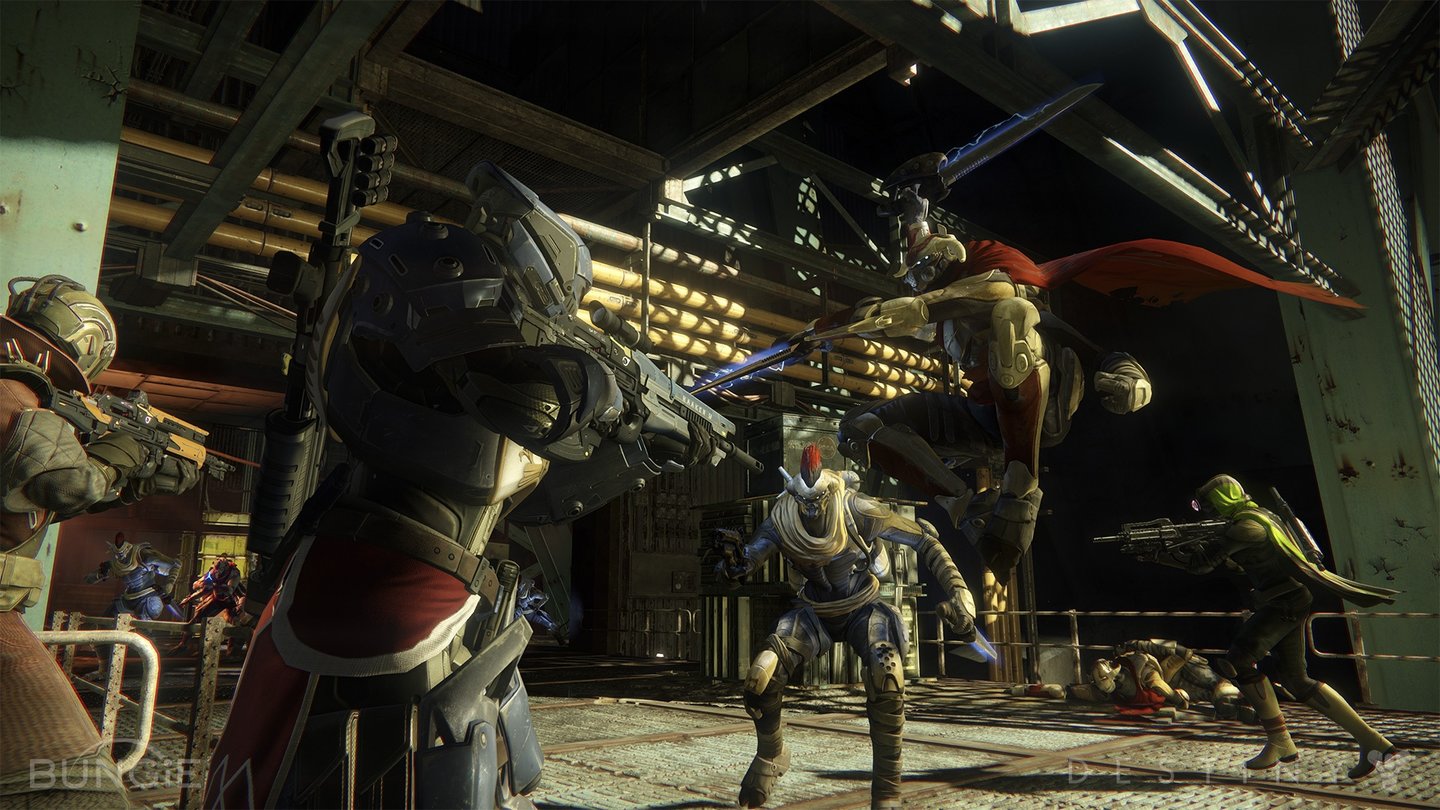 DestinyIm Vordergrund ist ein Spieler der Warlock-Klasse zu sehen, rechts hinten ein Hunter - die Scout-Klasse in Destiny.