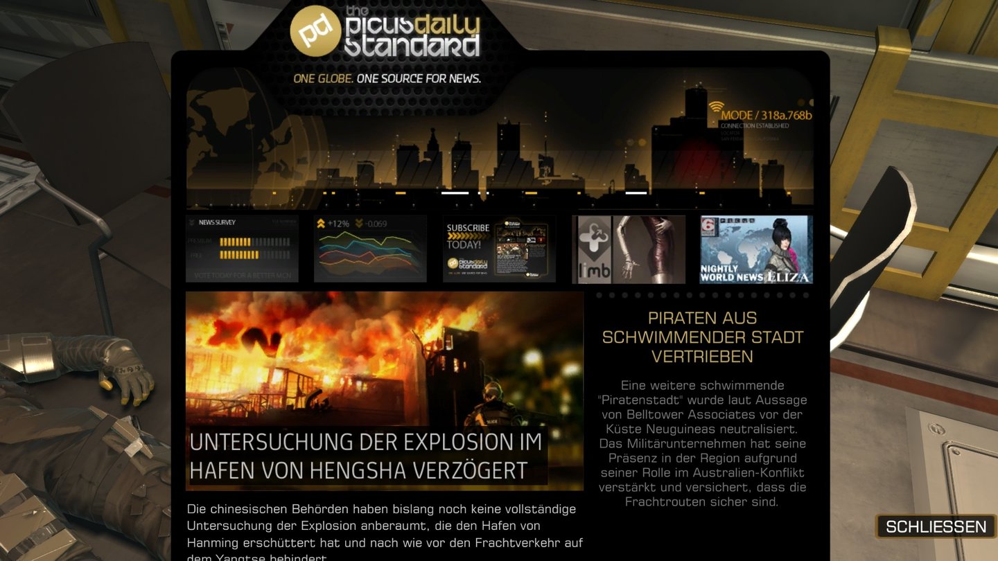 Deus Ex: Human Revolution - Missing LinkÜberall stoßen wir auf Zeitungen, E-Books oder PDAs mit Zugangsdaten und Hintergrundinfos.