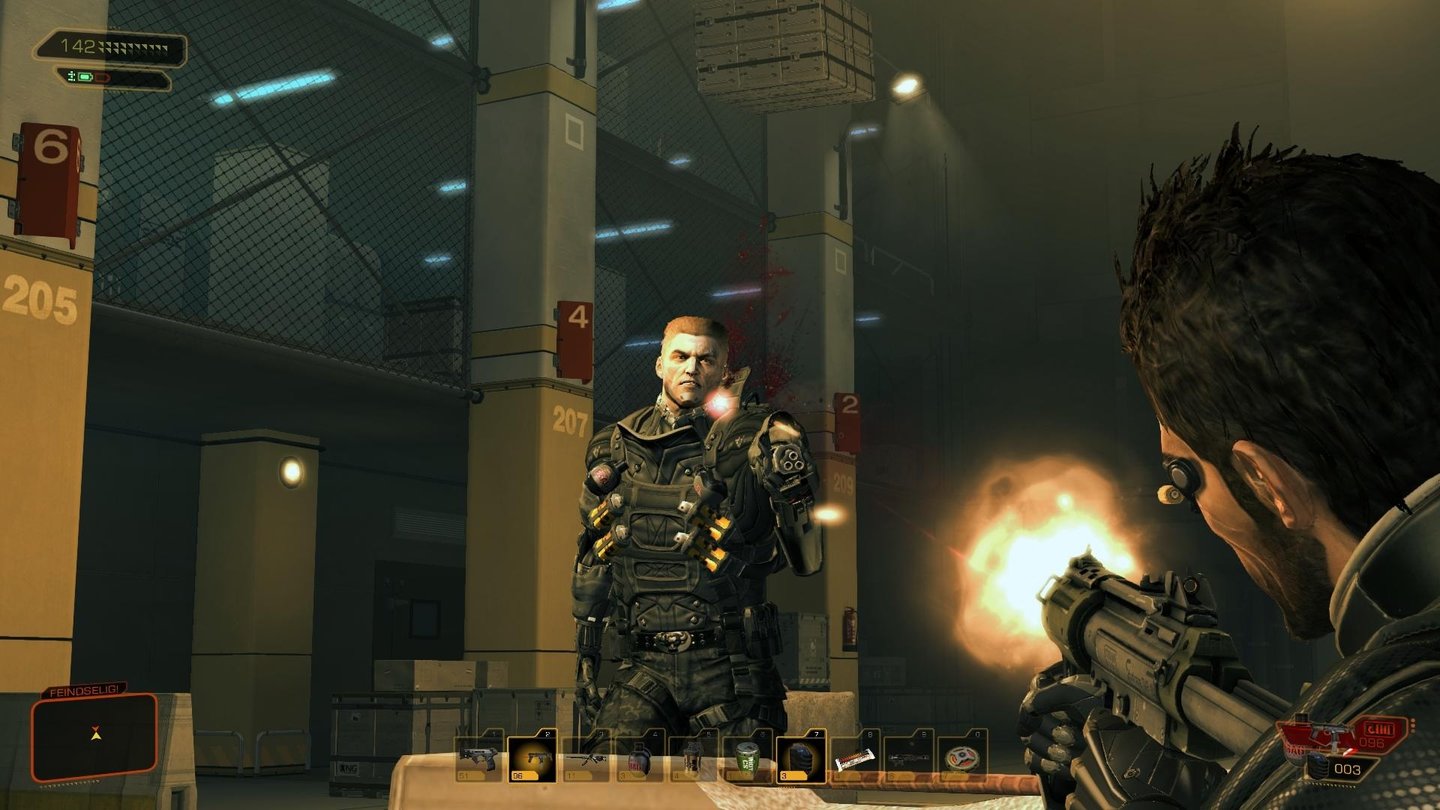Deus Ex: Human RevolutionDie Bossgegner sind nahkampf-immun und stecken Unmengen an Treffern ein. Taktisch ist anders.