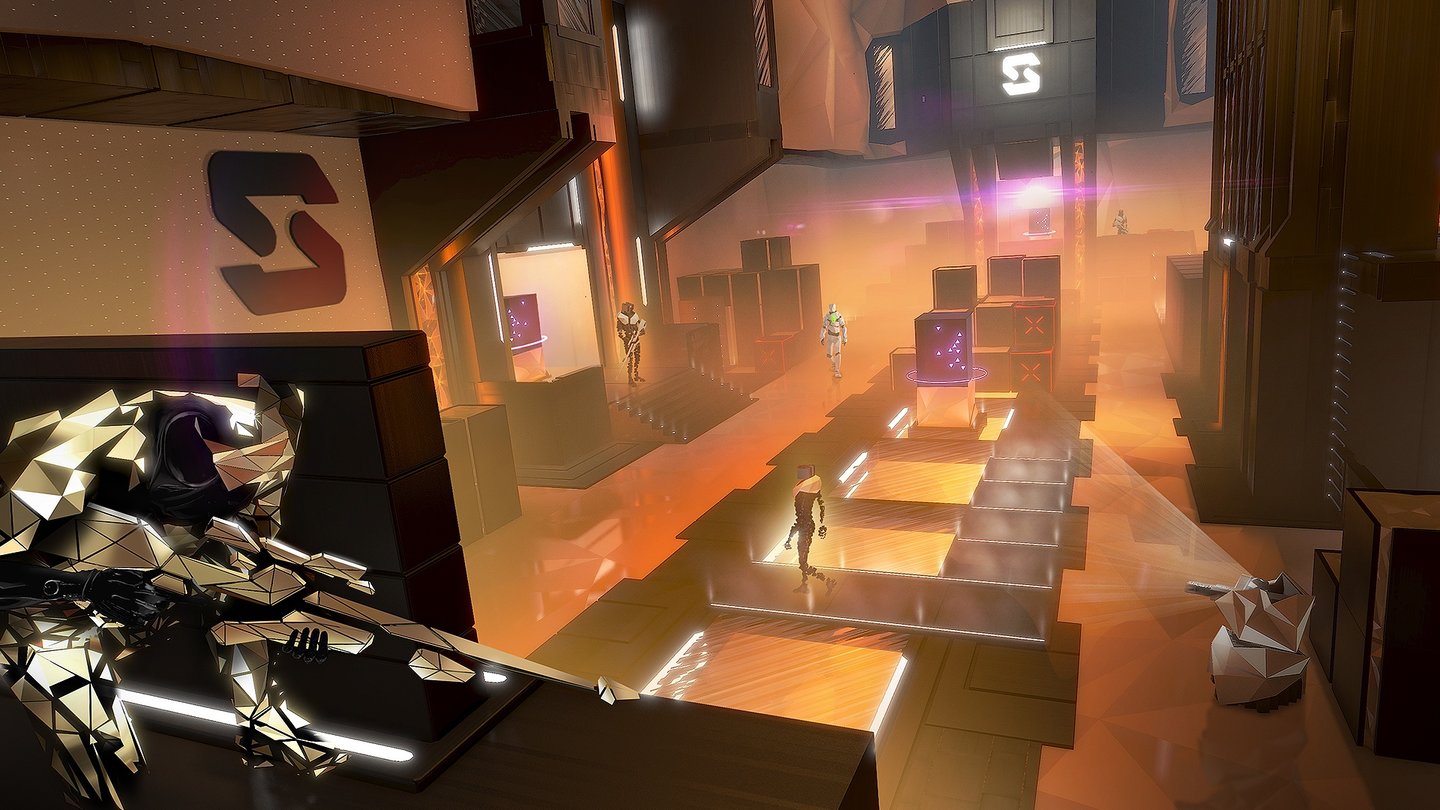 Deus Ex: Mankind DividedSicherheitssysteme wie automatische Geschütze und Wachen sichern den Datenkern (der Quader hinten im Bild)