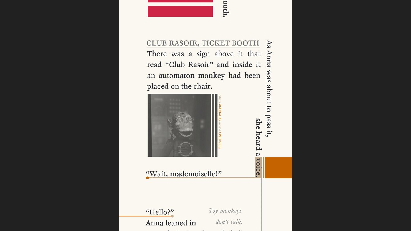 Device 6Starr und unbelebt: Wenngleich dieser Ticketaffe mit uns spricht, so stoßen wir in Device 6 lange auf leine Menschenseele.