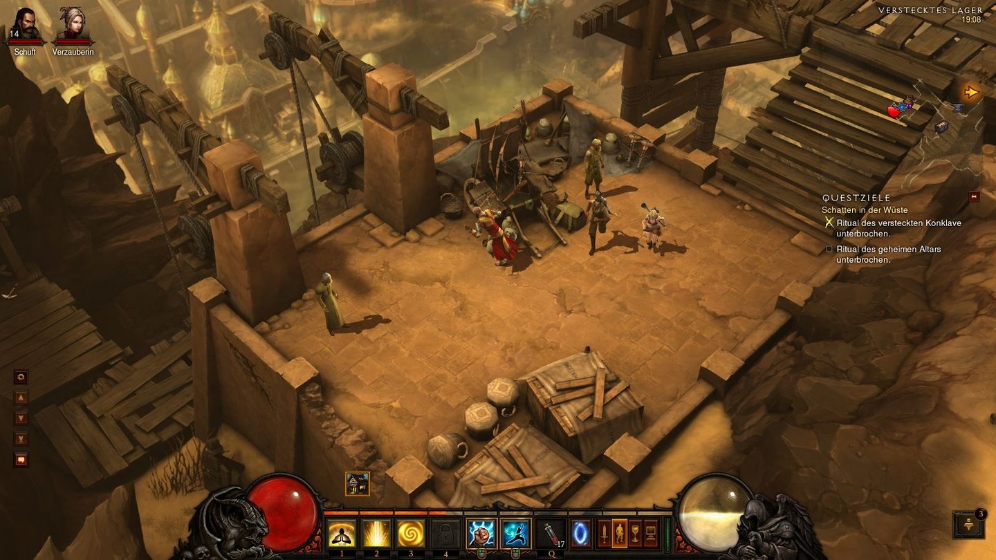 Diablo 3 - Bilder aus der Test-VersionGemeinsam mit den Begleitern Schuft und Verzauberin stürmt der Mönch ein verstecktes Lager. Im Hintergrund sehen Sie bereits die detailreiche Kulisse der Handelsstadt Caldeum.