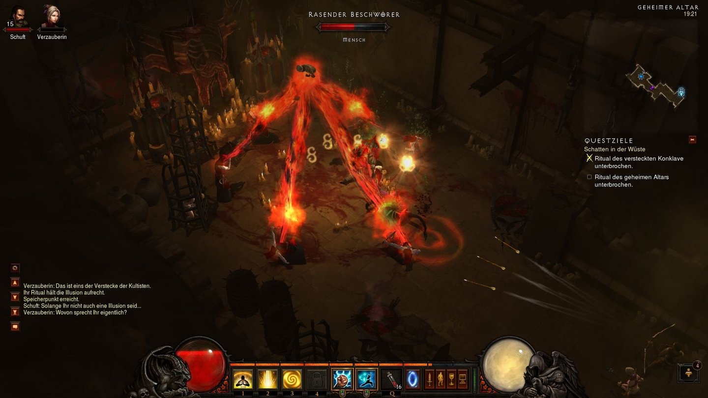 Diablo 3 - Bilder aus der Test-VersionIm Versteck der Kultisten kommen Sie Ihrem Questziel näher. Sind die rasenden Beschwörer mit ihren roten Kapuzen erledigt, unterbrechen Sie das Ritual des geheimen Altars erfolgreich und erhalten im Anschluss einen neuen Auftrag.